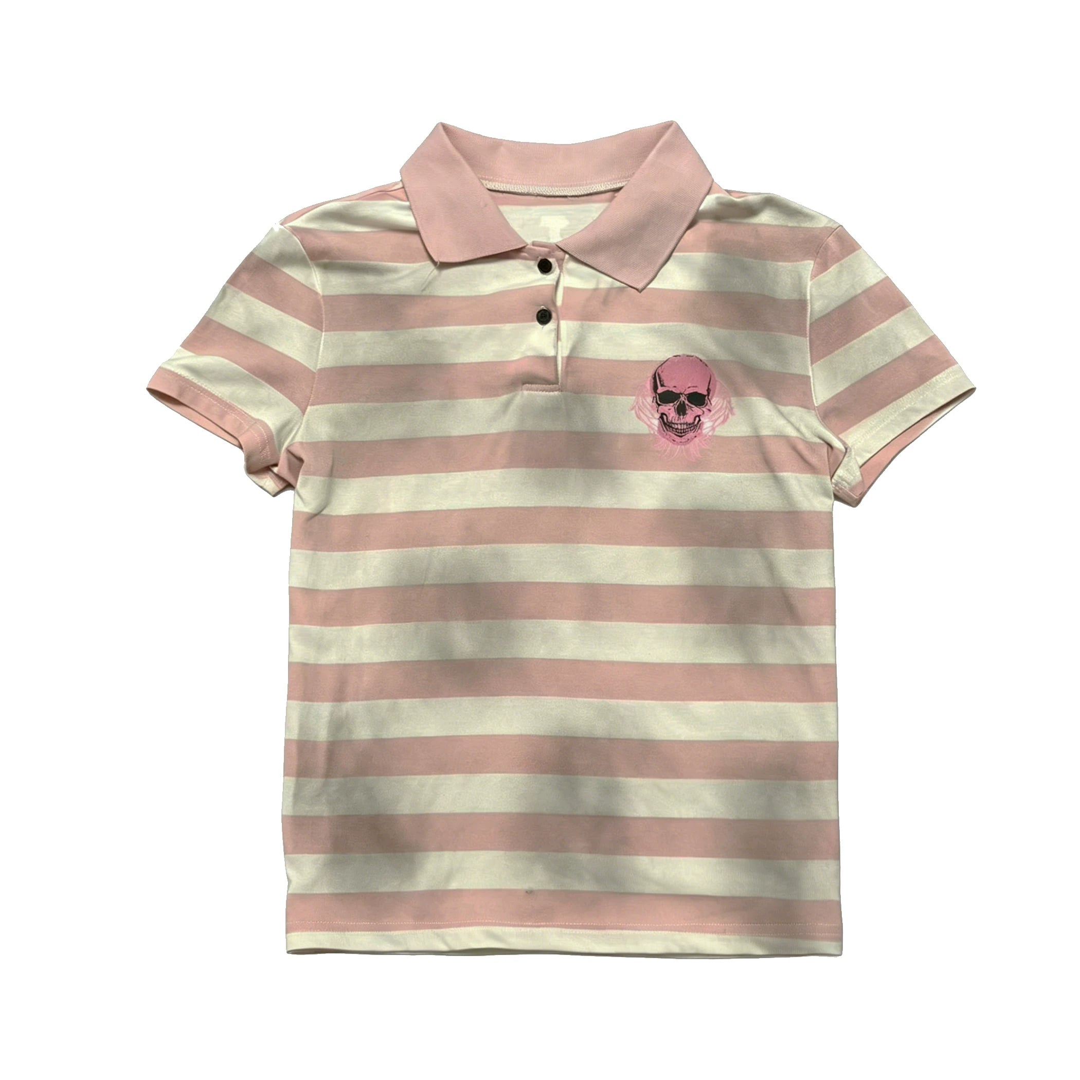 PAIKI Pink Skull Distressed Washed Striped Subculture Polo Tee