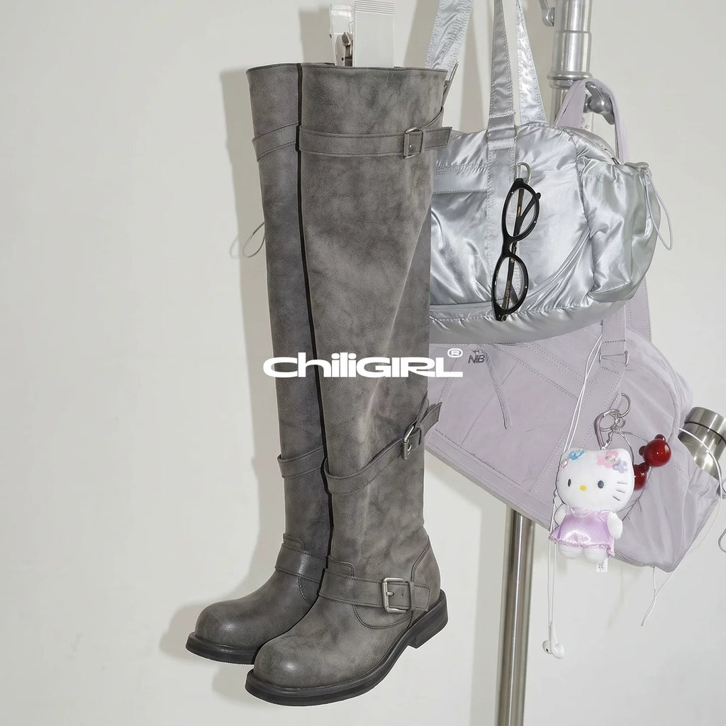 CHILIGIRL PU Buckle High-Shaft Chunky Boot