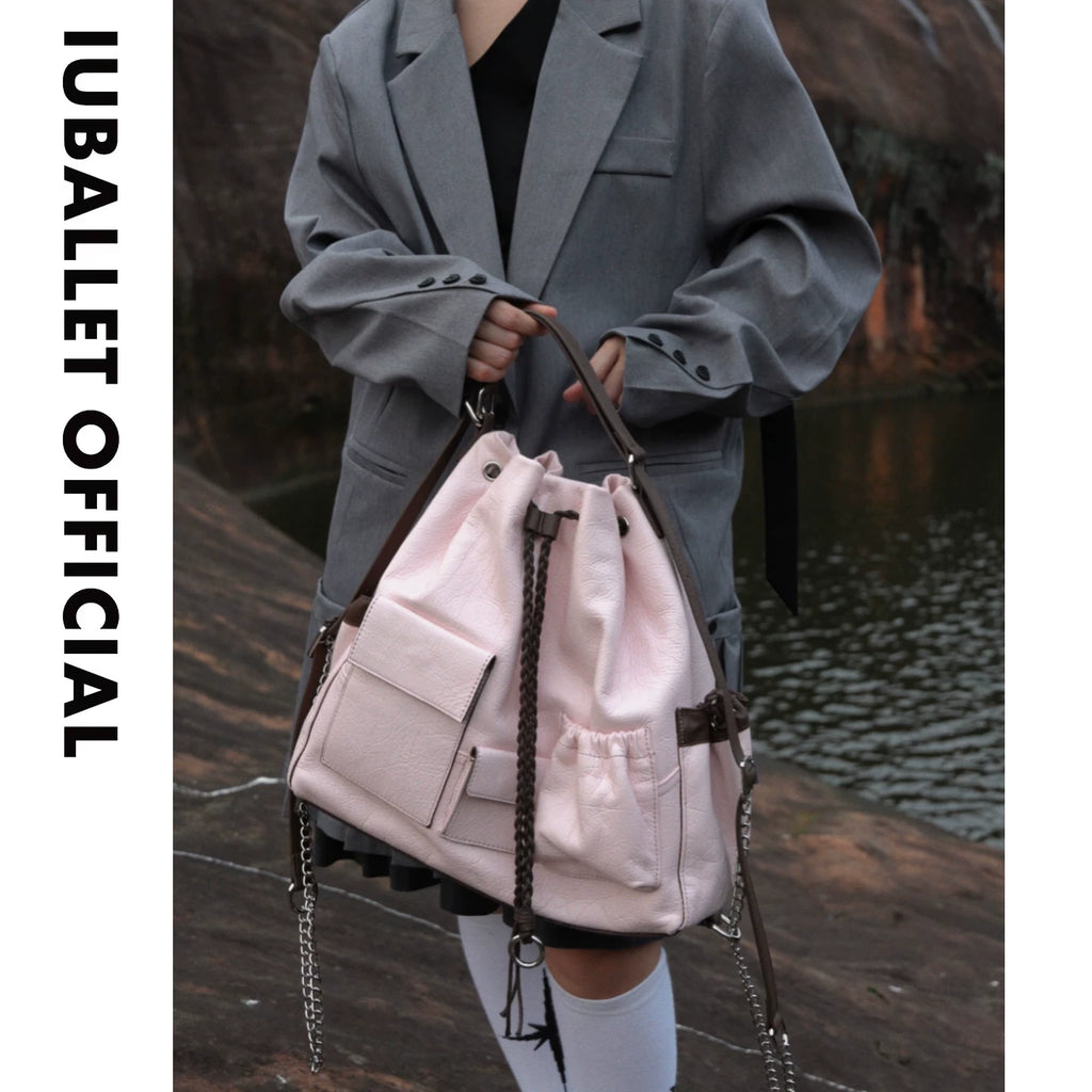 IUBALLET Pink Leather Drawstring Bucket Bag