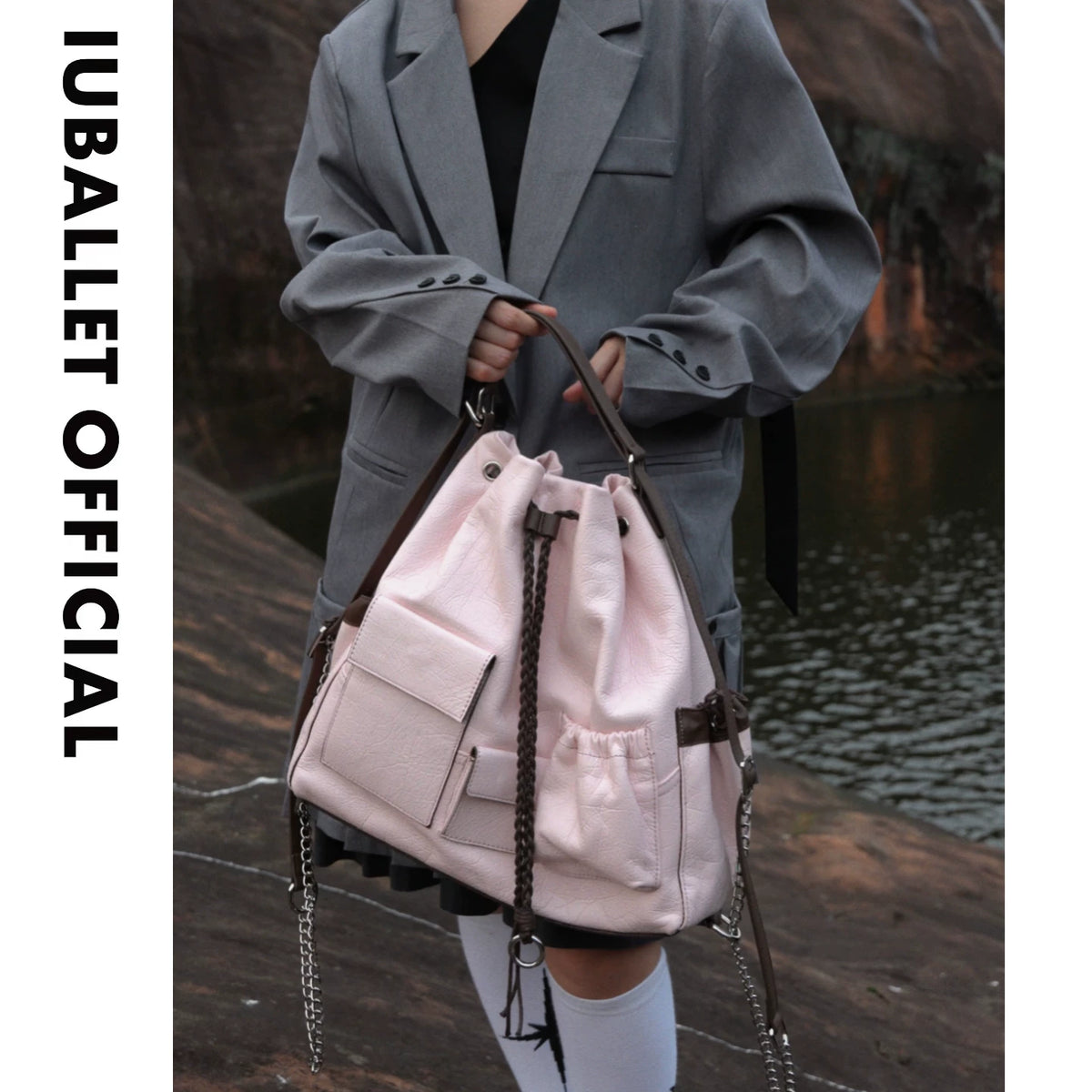 IUBALLET Pink Leather Drawstring Bucket Bag