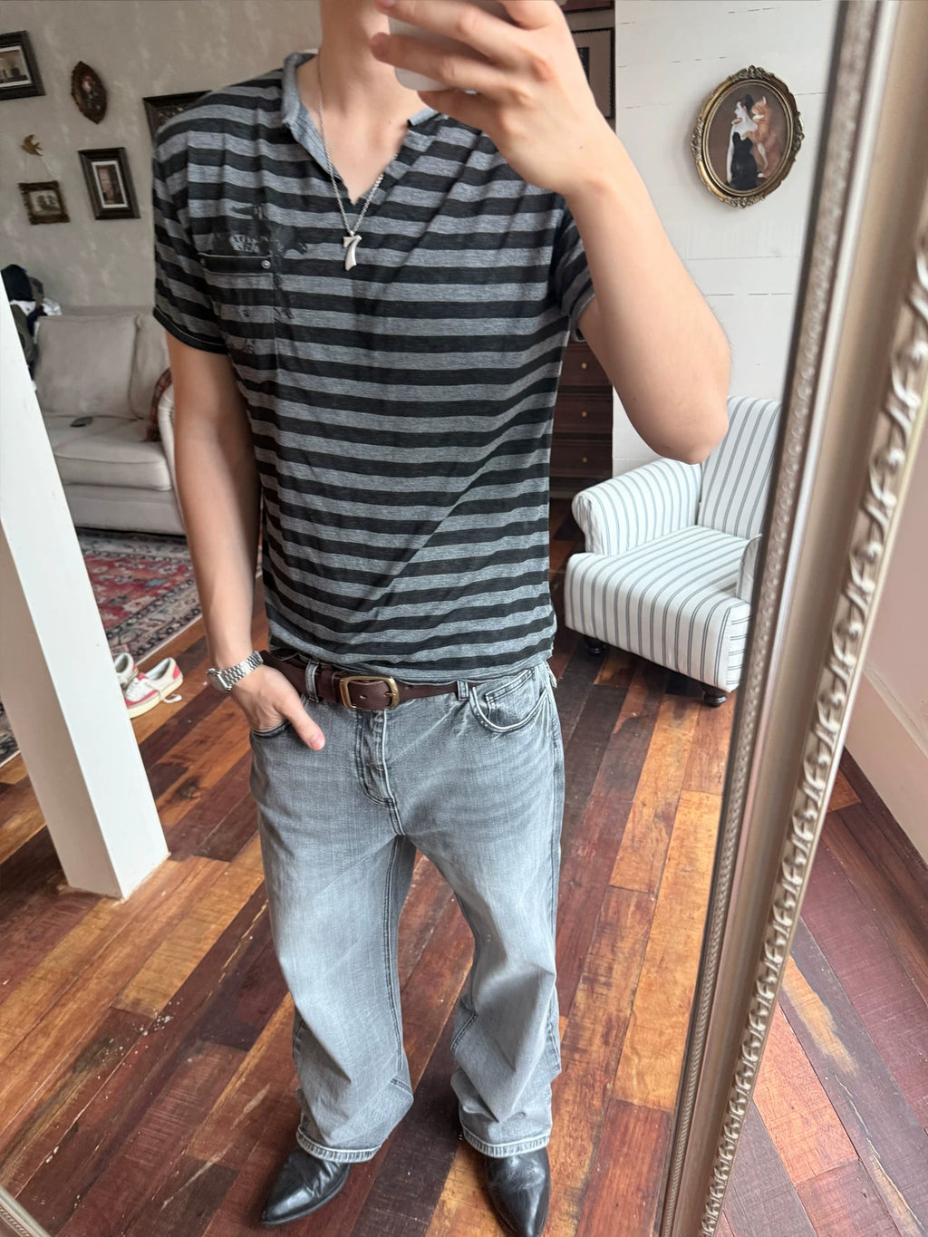 TREclub Vintage Millennium Tencel Cotton Light Black V-Neck Striped T-Shirt
