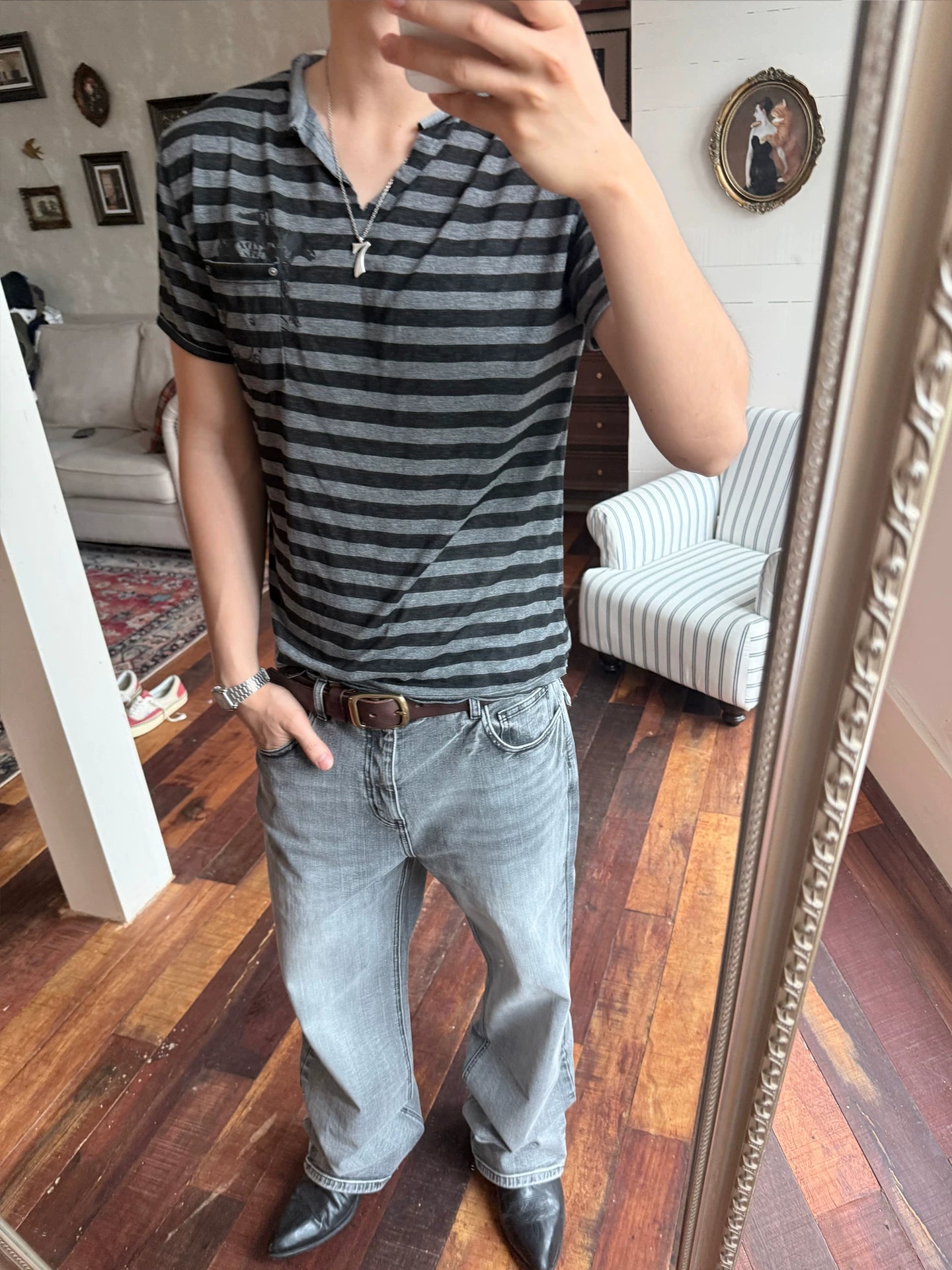TREclub Vintage Millennium Tencel Cotton Light Black V-Neck Striped T-Shirt