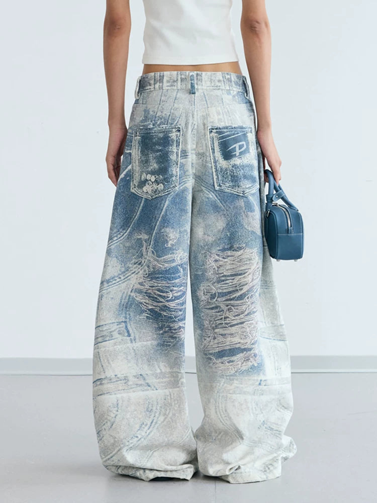 PEOPLESENSE 3D Print High-Waist Wide-Leg Jeans