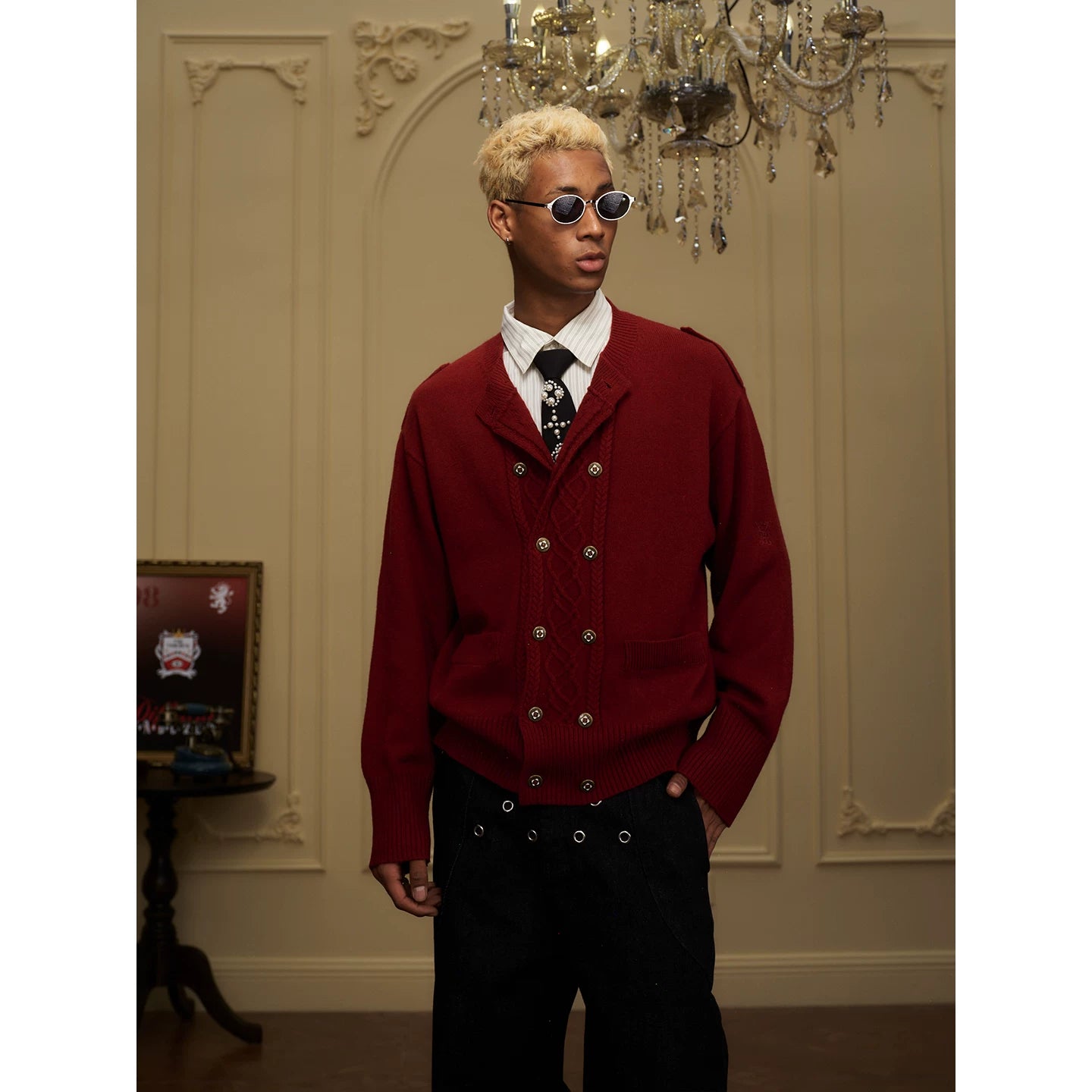 YADcrew Double-breasted Metal-buckle Crew-neck Knitted Cardigan