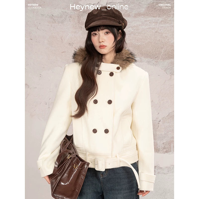 LOVEHEYNEW Double-breasted Hooded Woolen Thick Jacket