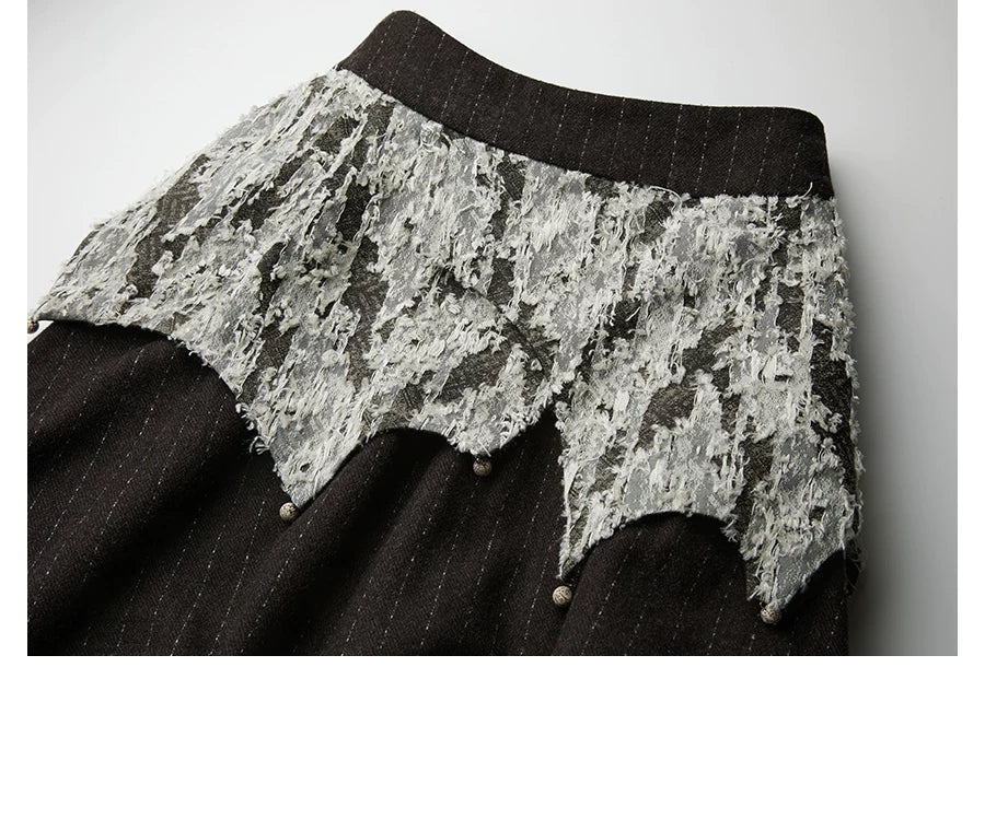 INDULGE Irregular Deconstruction Lace Stitching Striped Skirt