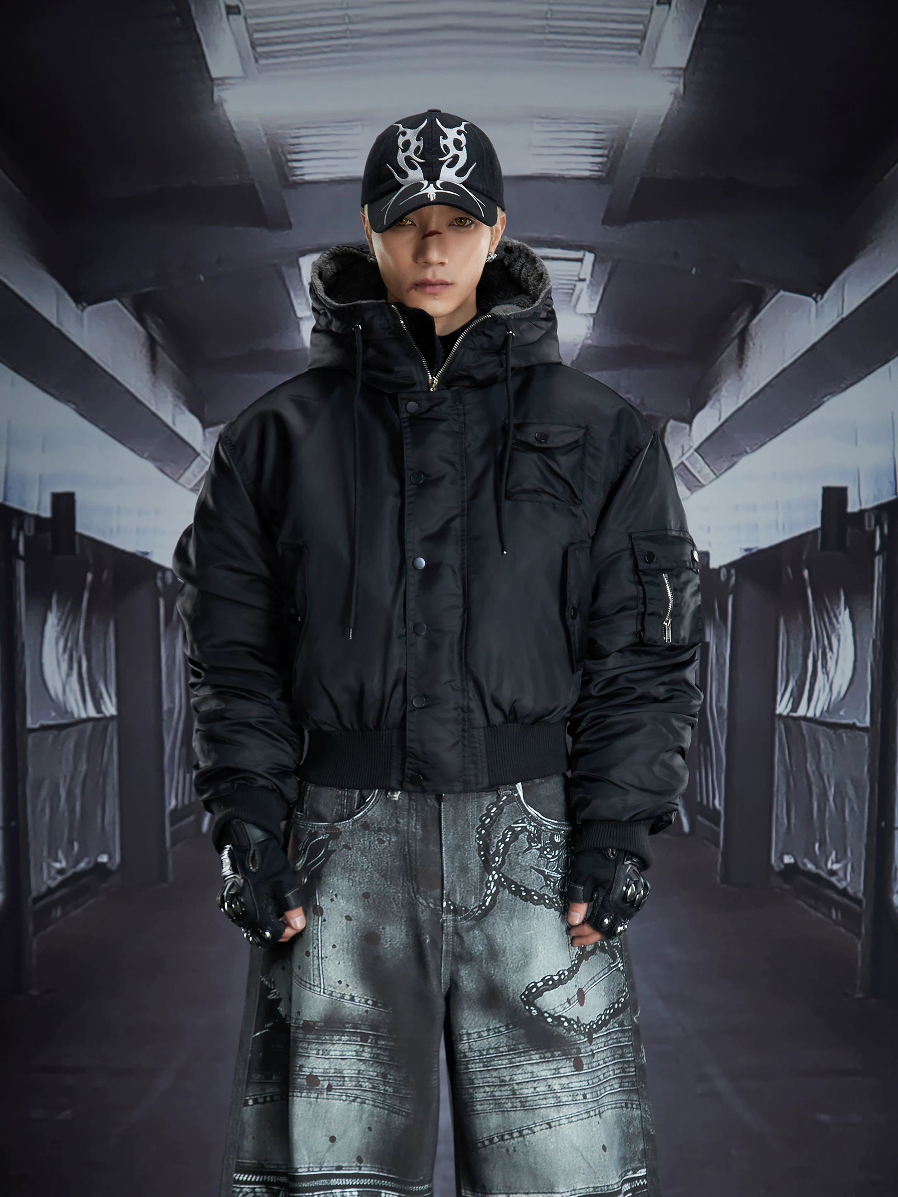 NOMANIAI Removable Fur Collar Nailed Hooded Embroidered Fleece Cotton Jacket