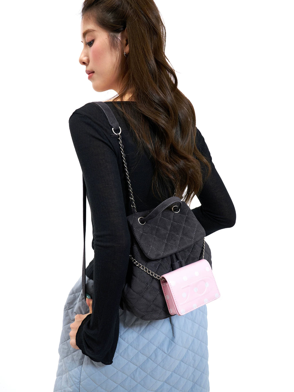 JANDRESS Black-Gray Quilted Faux Leather Chain Backpack