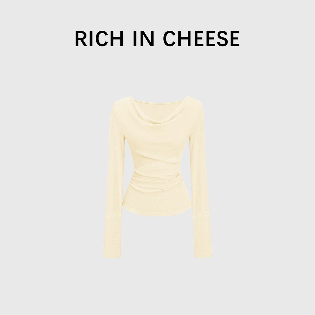 RICH IN CHEESE Swing Neck Knitted Waist Pleated Long Sleeves
