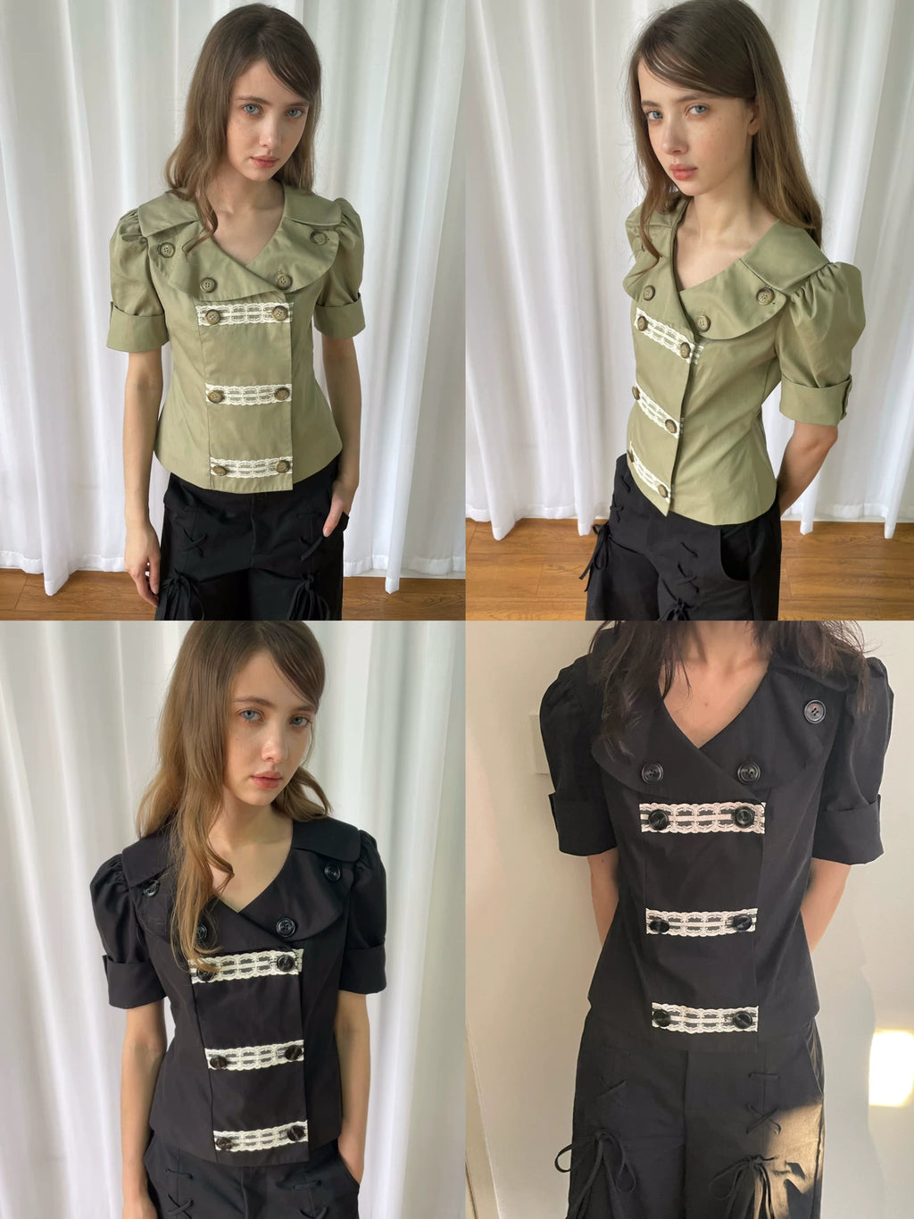 LooseSmell Two-Tone Lace Double-Breasted Bubble-Sleeve Blouse