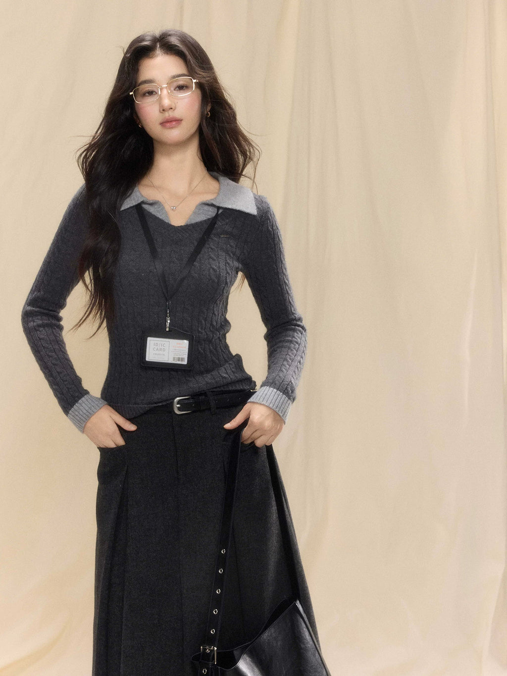 TYANG Contrasting Polo Collar Fake Two-piece Knitted Sweater