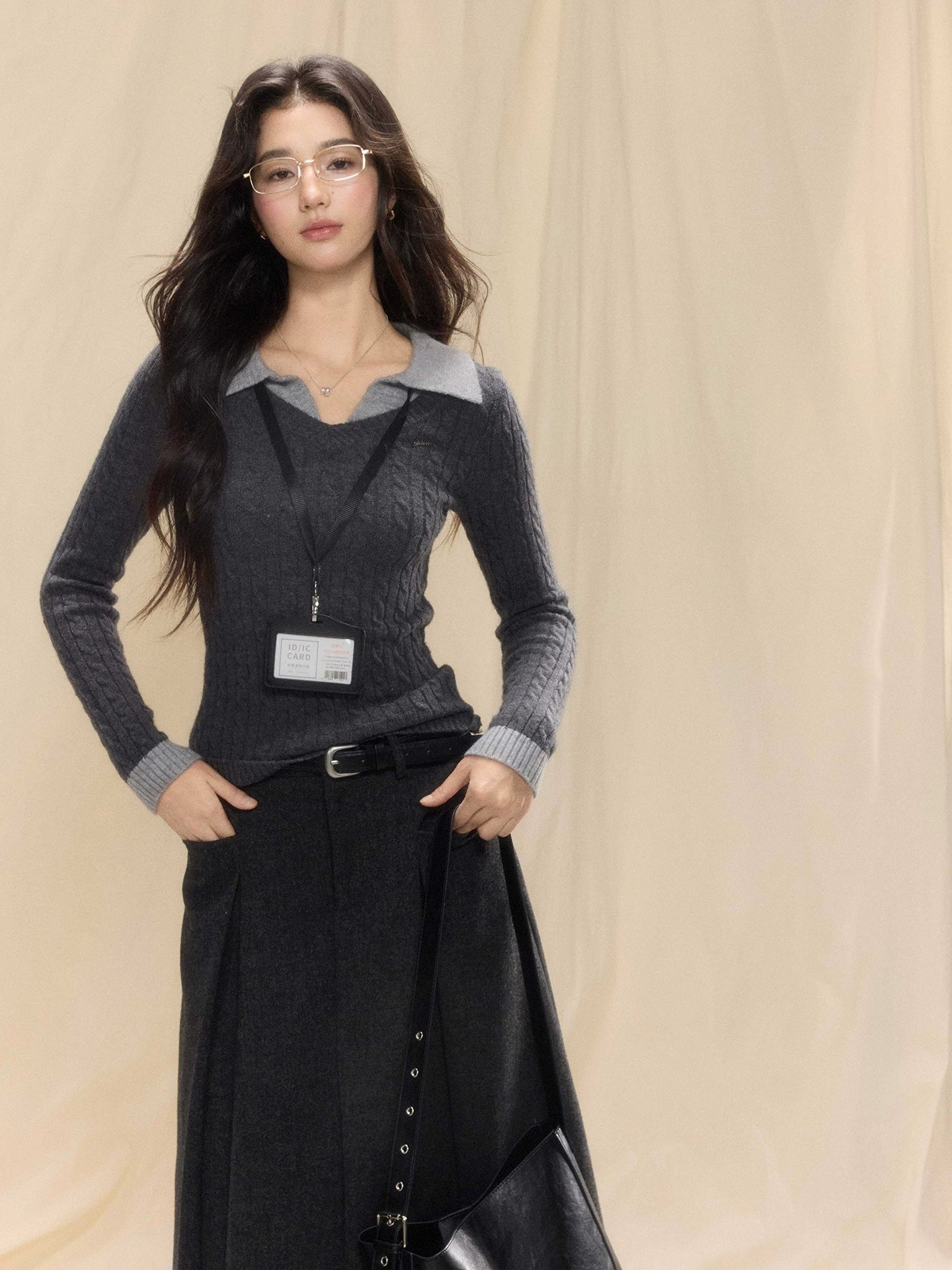 TYANG Contrasting Polo Collar Fake Two-piece Knitted Sweater