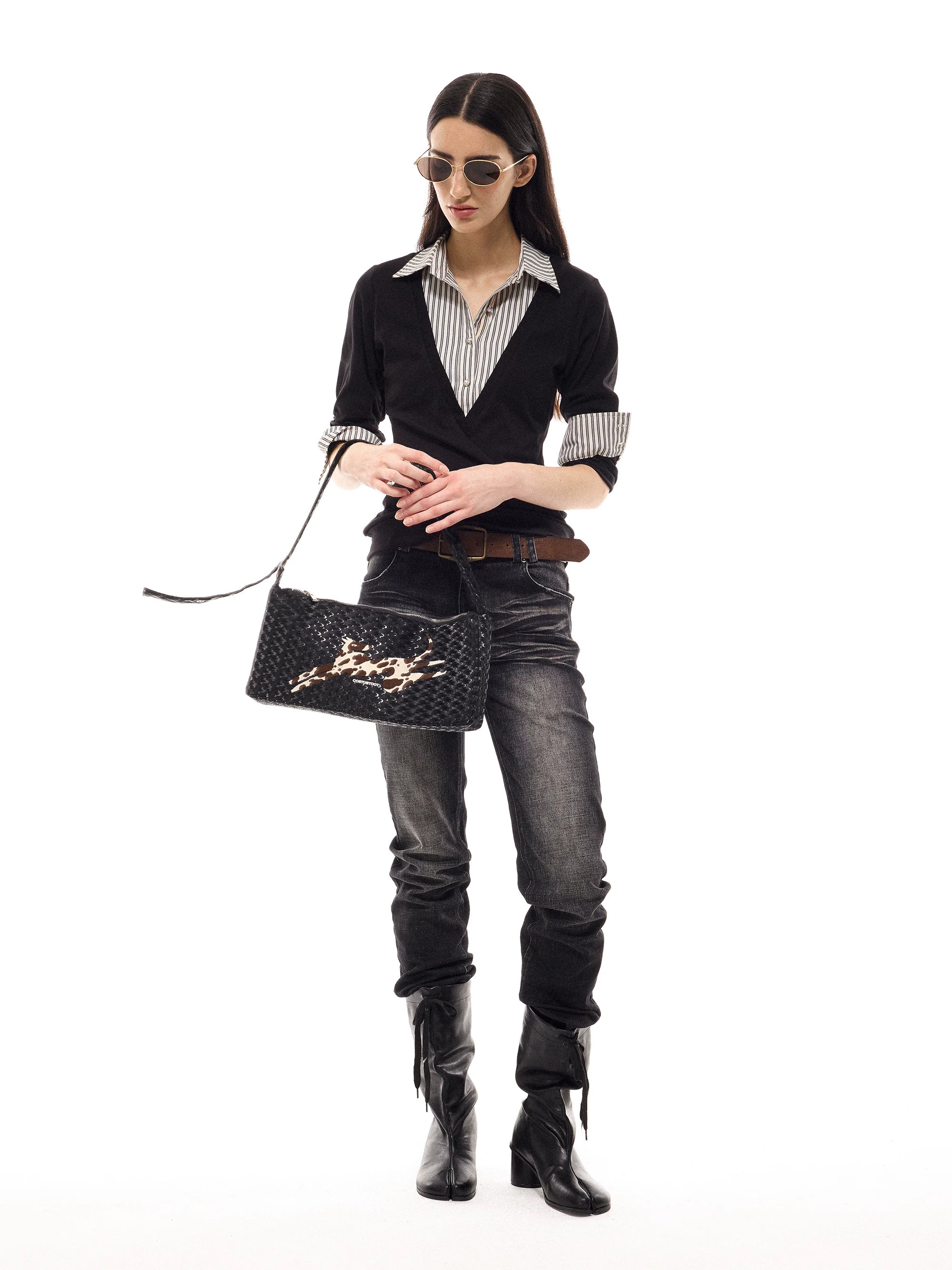 COSTUSTOOT Black Faux Leather Shoulder Bag - Zip Top