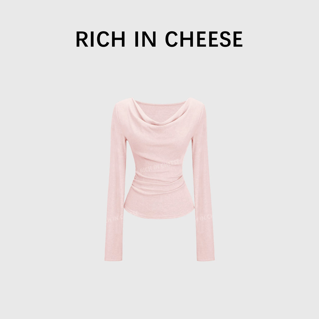 RICH IN CHEESE Swing Neck Knitted Waist Pleated Long Sleeves