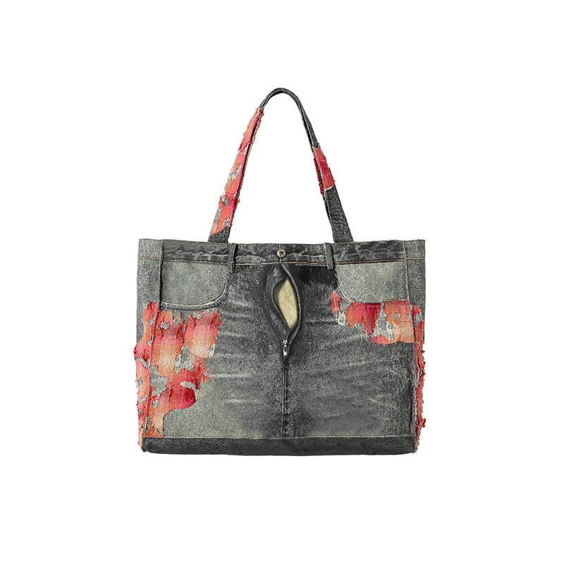 YADcrew Faux Denim 3D-Printed Patchwork Large Tote Bag