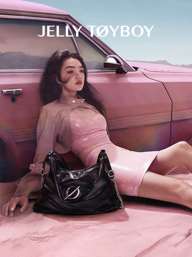 JELLY TOYBOY Black Faux Leather Zip-Top Crossbody Tote