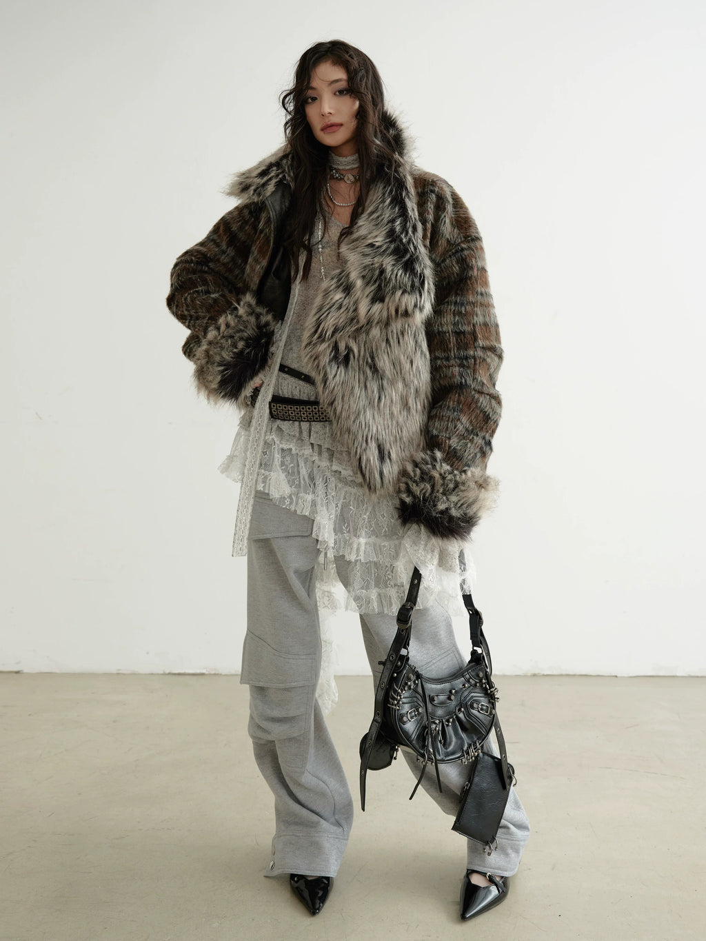 JNYLON Front and Back Two Wear Plaid PU Imitation Leather Jacket