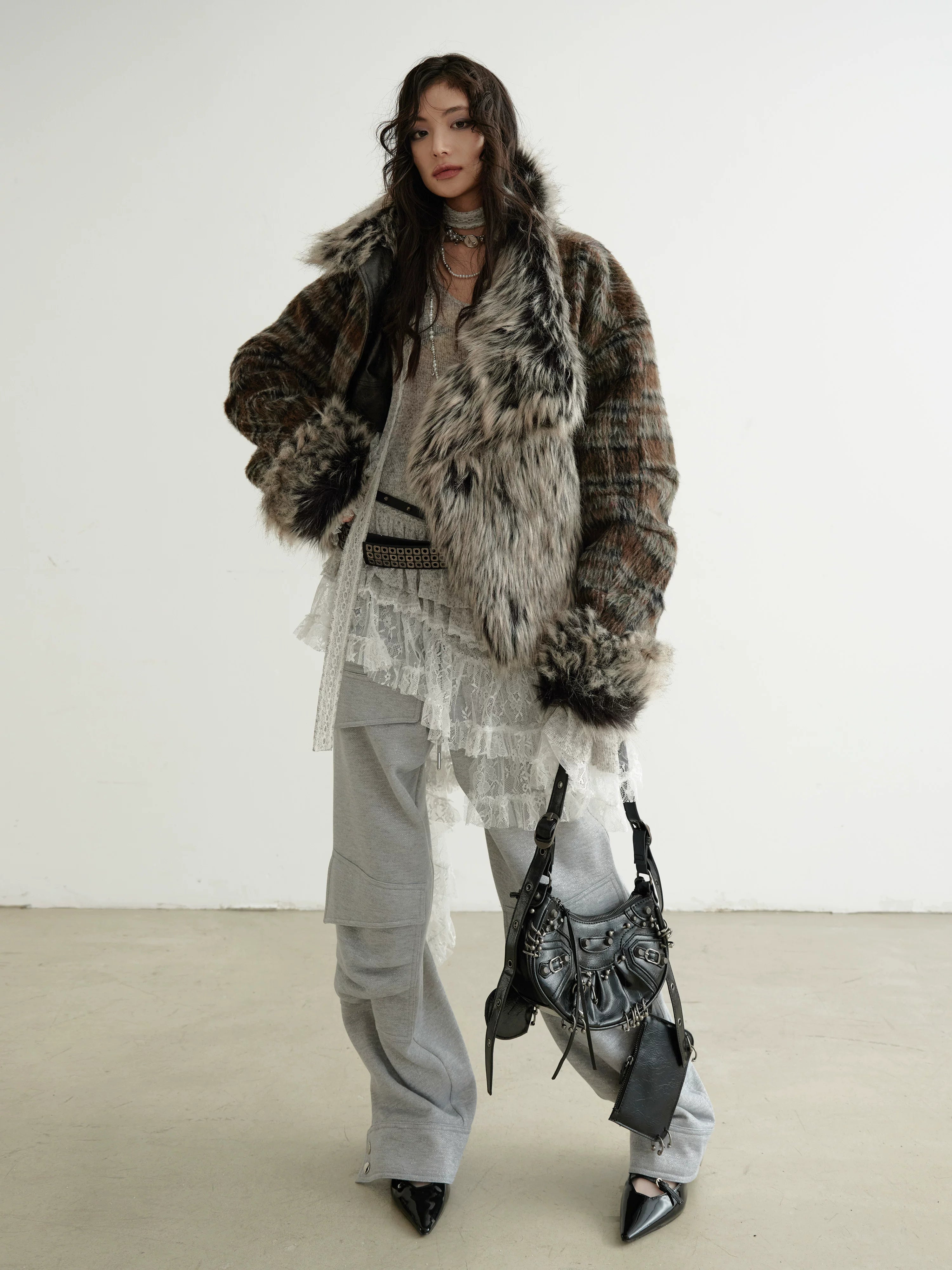JNYLON Front and Back Two Wear Plaid PU Imitation Leather Jacket
