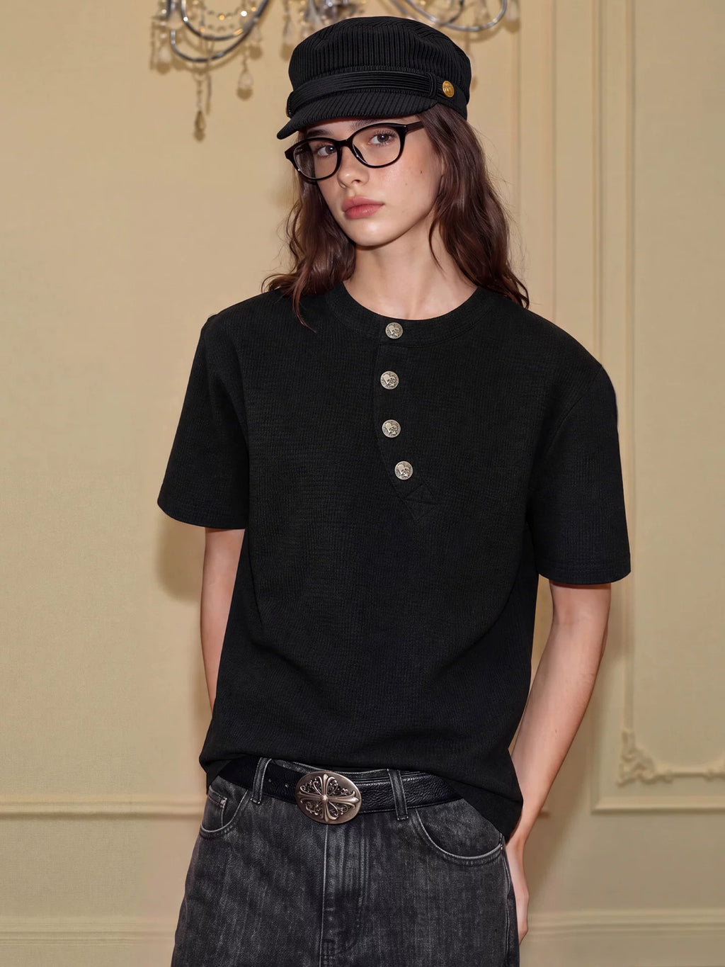 YADcrew Curved Placket Henley Relaxed Tee