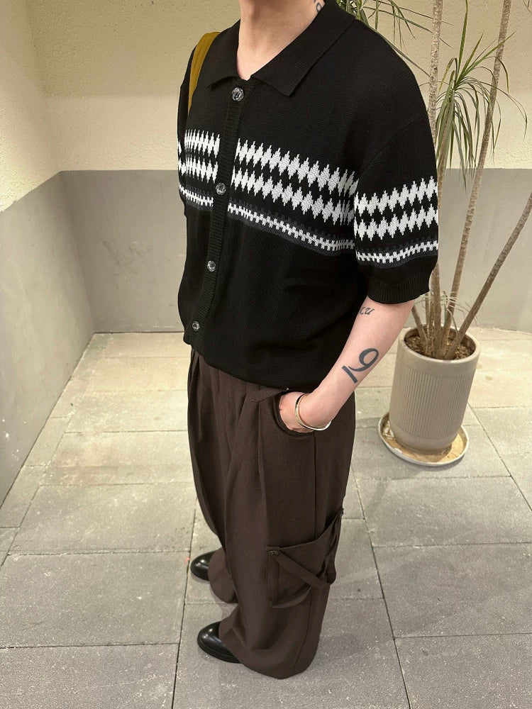 TZ Jacquard Striped Lapel Loose Wool Tee