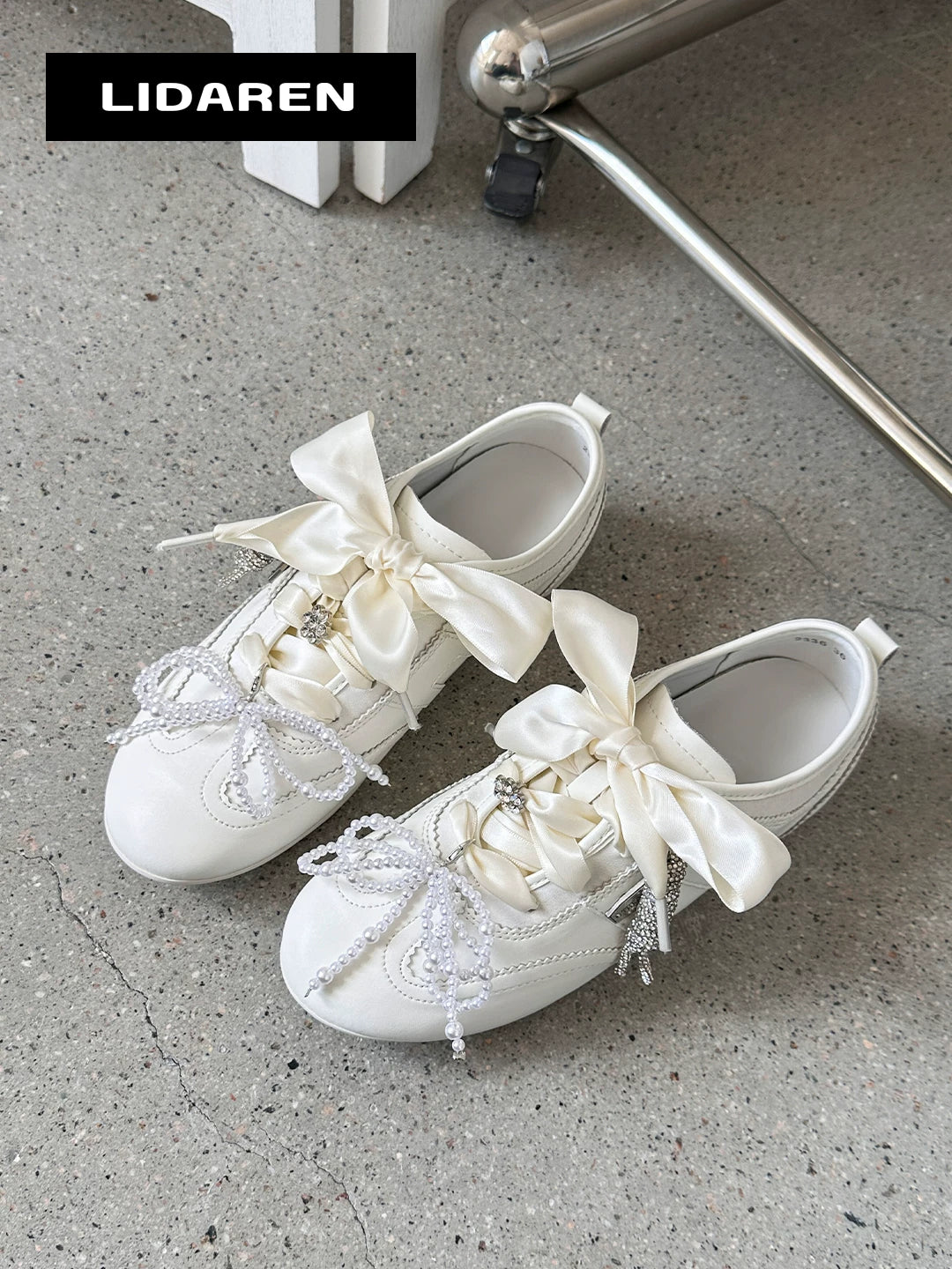 Lidaren Produced Leather Pearl Bow Chunky Lace-Up Sneaker