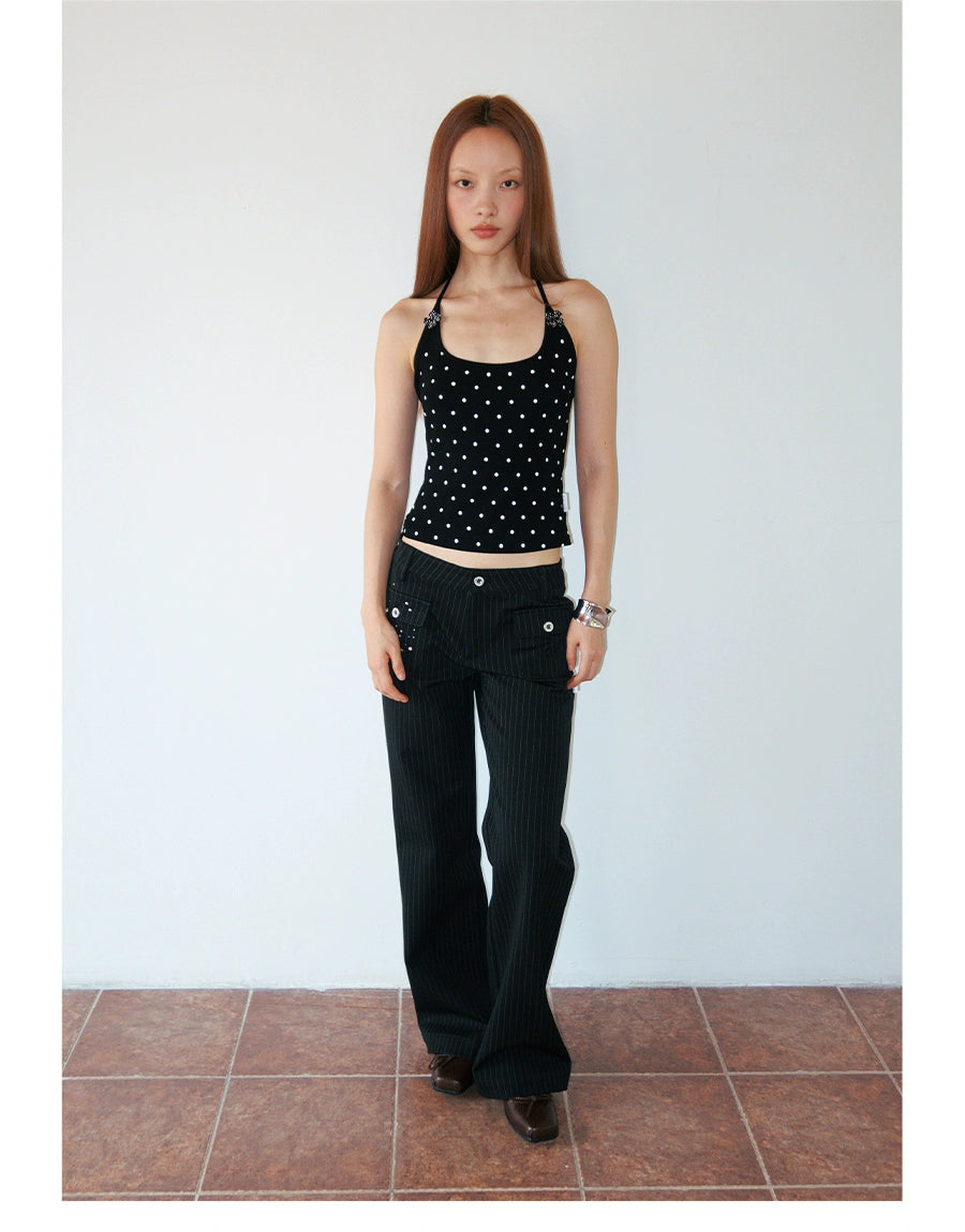 FUNKYFUN Medium and Low Waist Hot-drilled Pinstriped Flared Pants (Clearance)