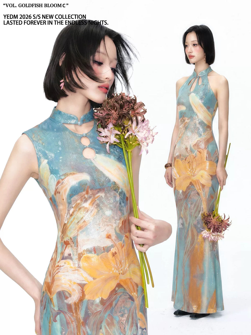 YEDM Floral Cutout Halter Mermaid Qipao Dress