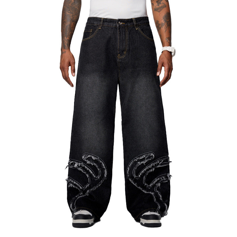 Inflation Loose Old Washed Rough Edge Stitching Jeans