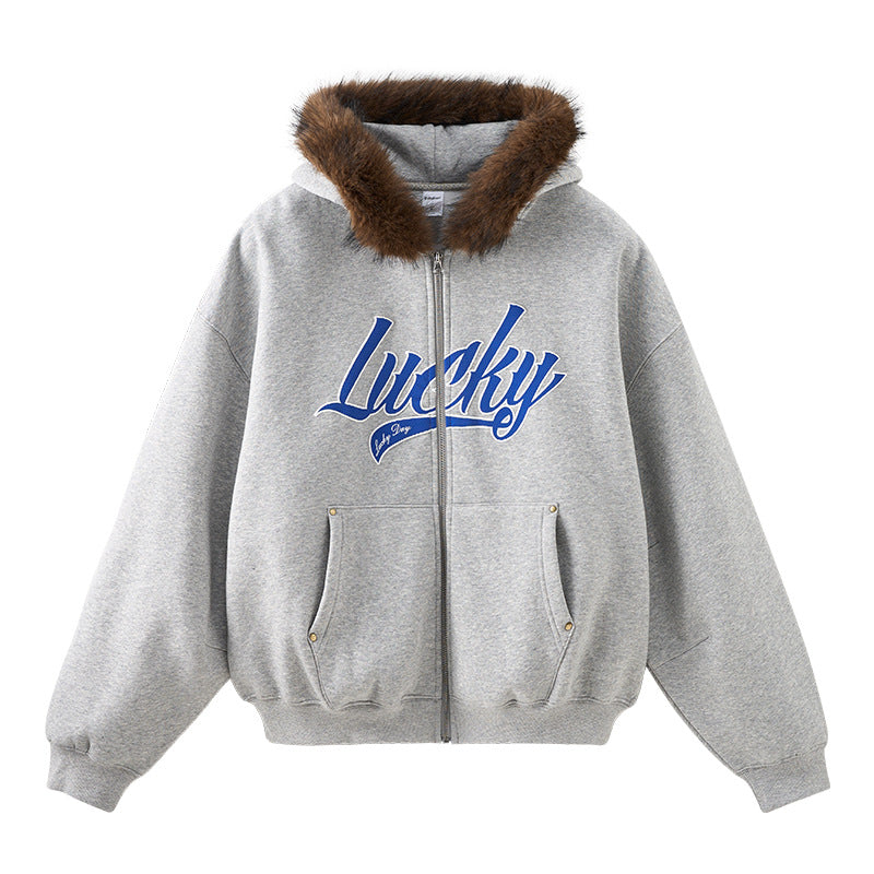 Inflation Hooded Embroidered Plush Collar Short Jacket