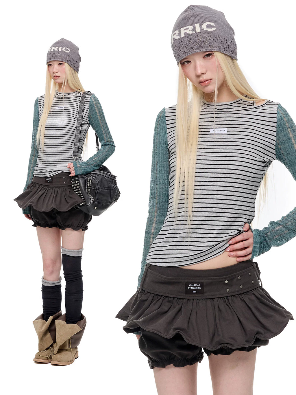 JIKOO Wild Berry Party Striped Off-Shoulder Long-Sleeve Tee