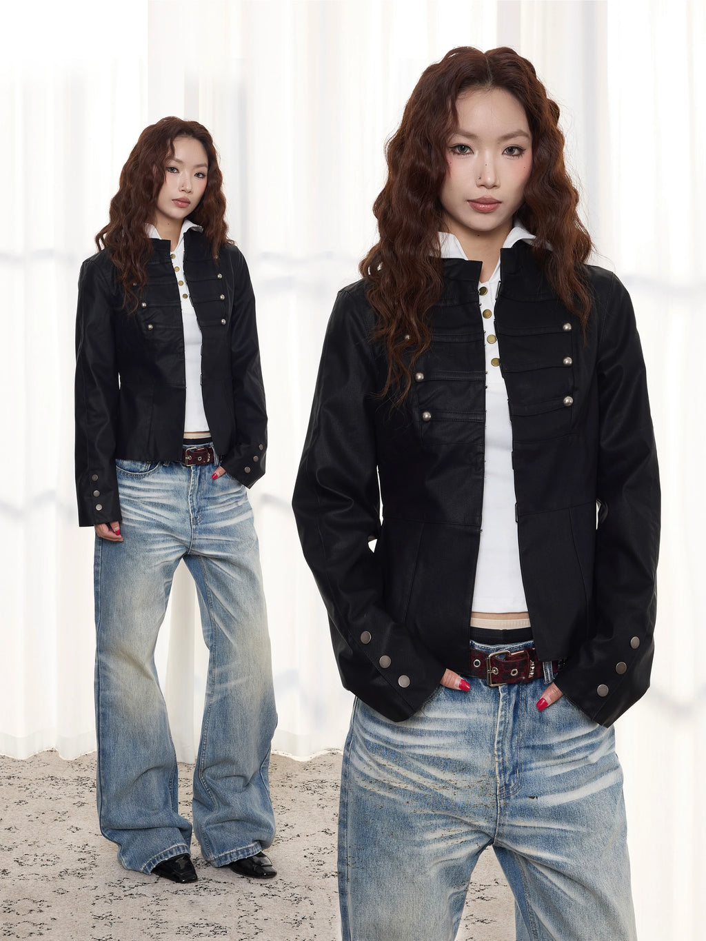 ANTSSTNA Metal Buckle Faux Leather Cropped Moto Jacket