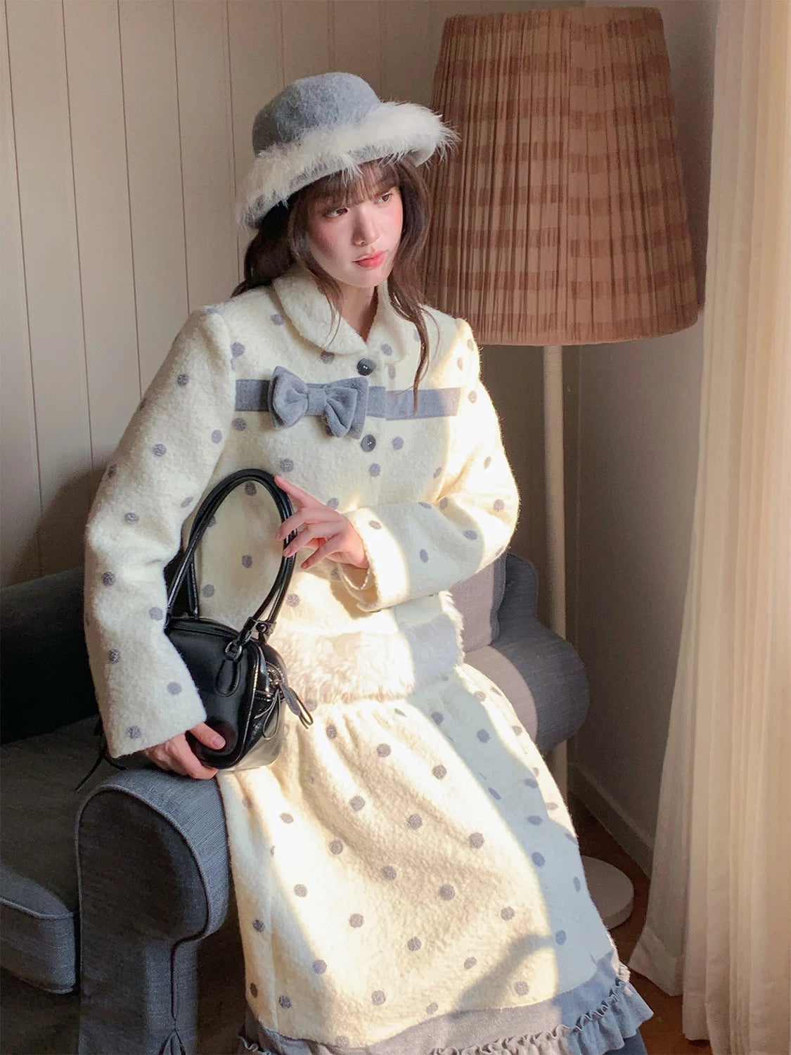 RRFIGHT Ruan Ruan Handmade Bow Polka Dot Wool Coat Set