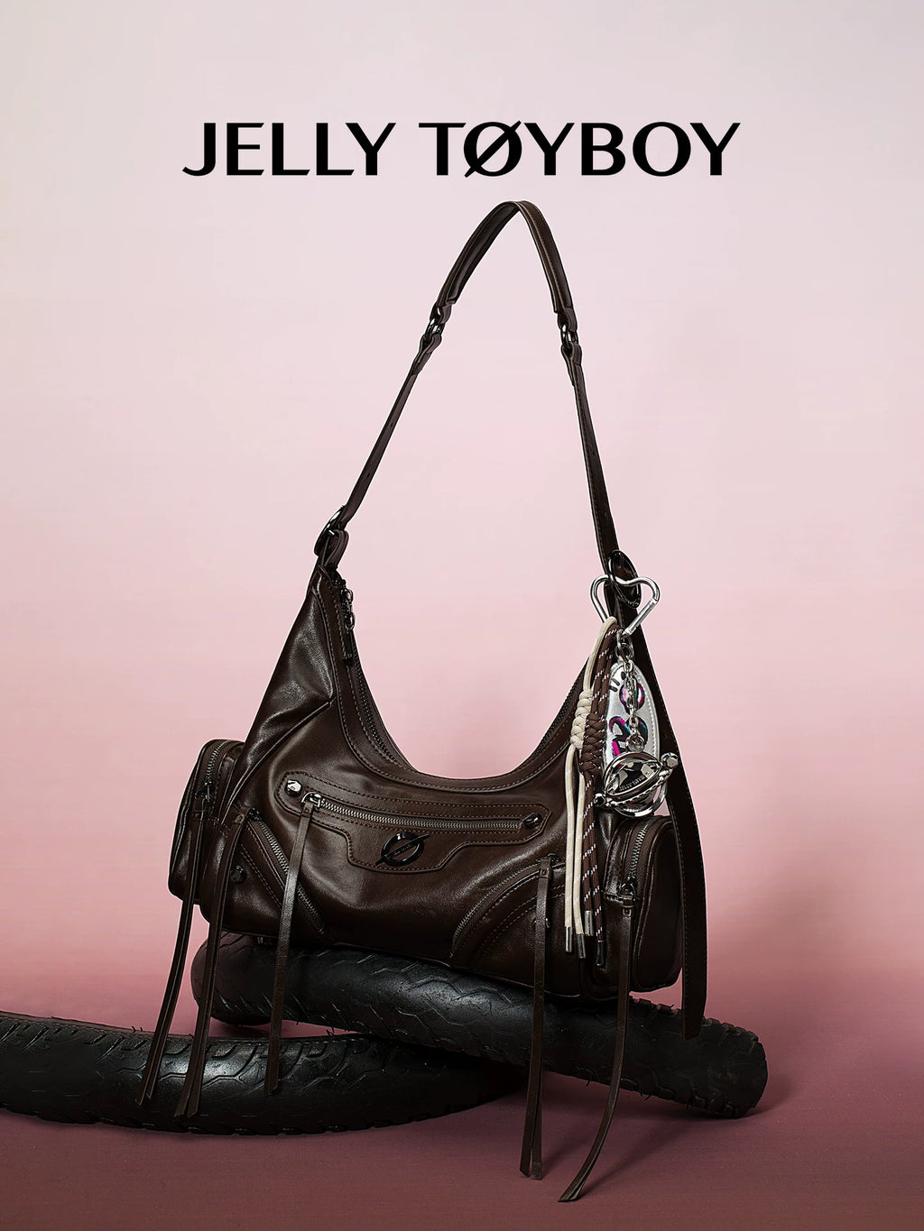 JELLY TOYBOY Brown Faux Leather Zip-Top Hobo Shoulder Bag