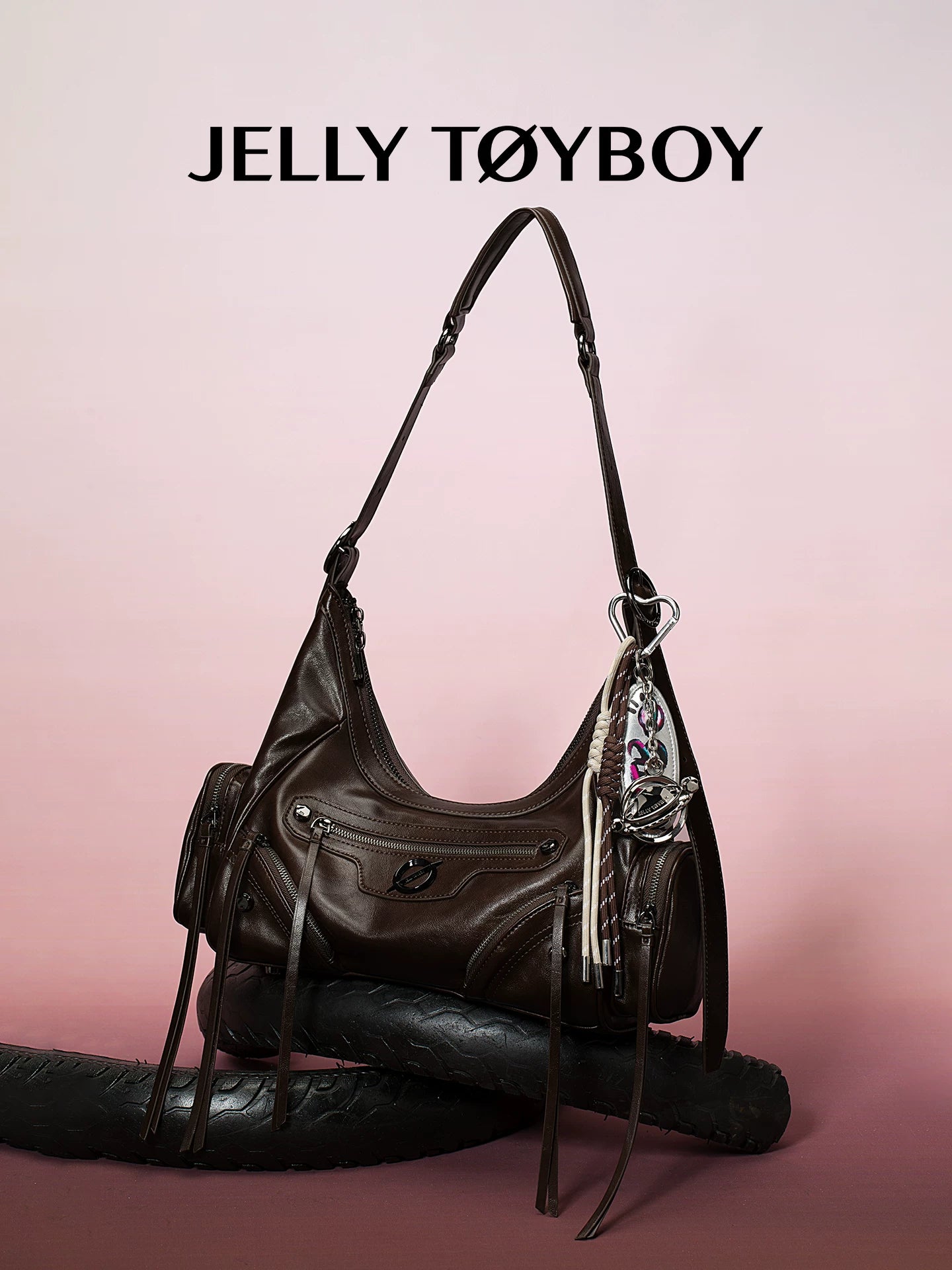 JELLY TOYBOY Brown Faux Leather Zip-Top Hobo Shoulder Bag