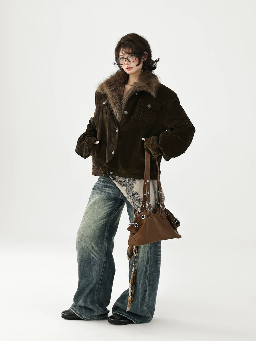 AceStudios Vintage Thickened Padded Short Fur Collar Jacket