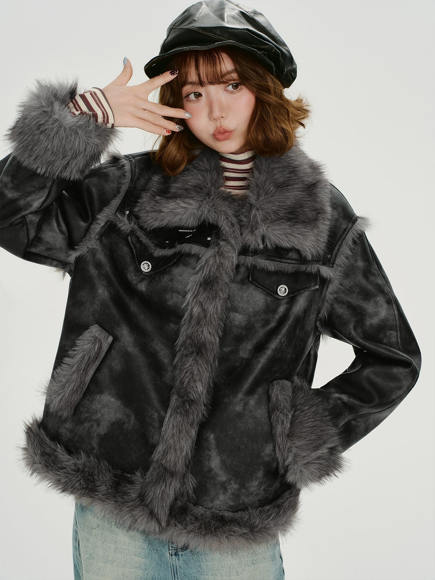 Girlyhalo Vintage Smudged Fur All-in-one Jacket