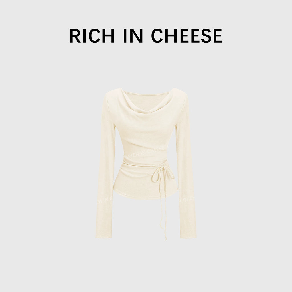 RICH IN CHEESE Pure Desire Swing Neck Knitted Waist Pleated Long Sleeves