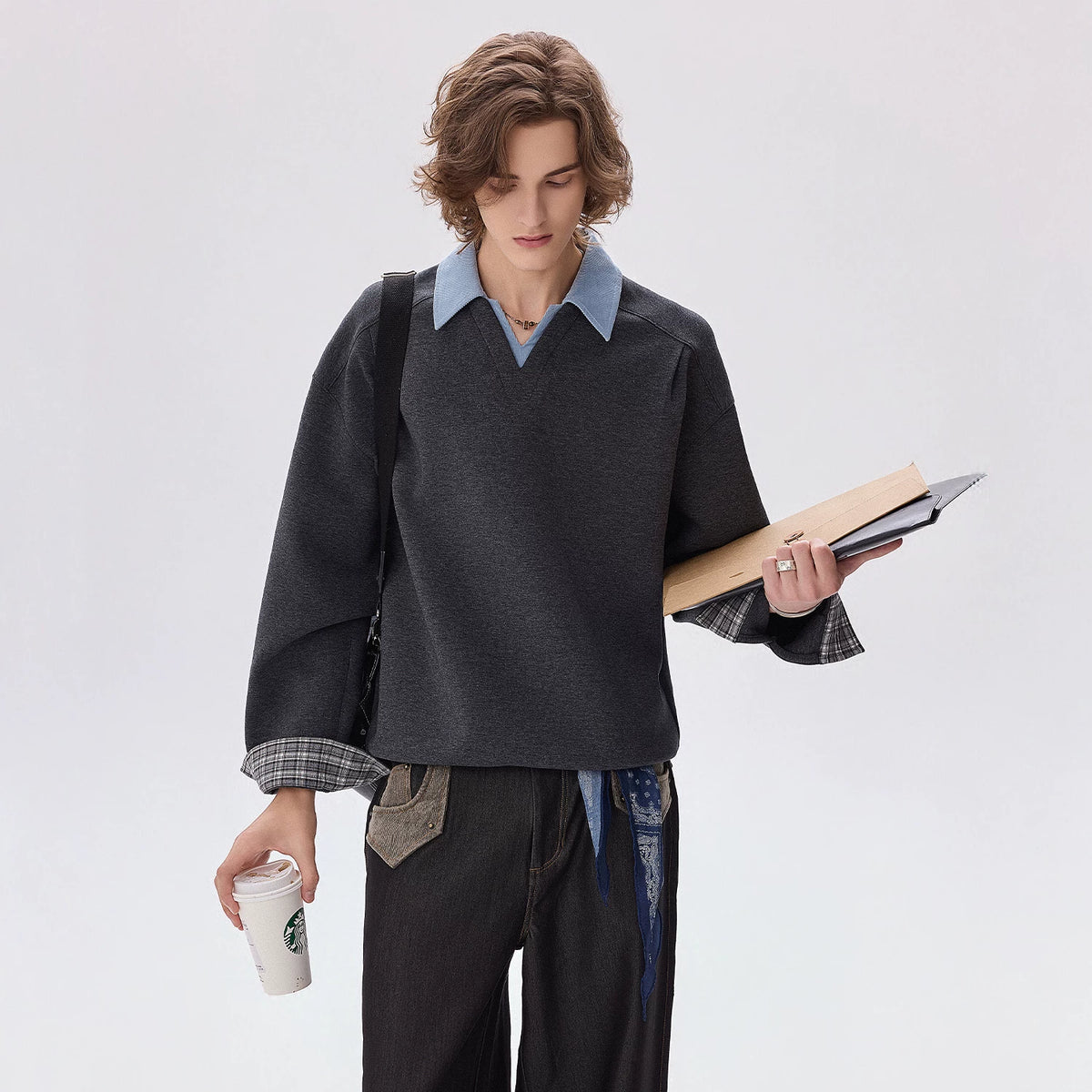 CHOR Two-Tone V-Neck Long-Sleeve Polo Sweatshirt