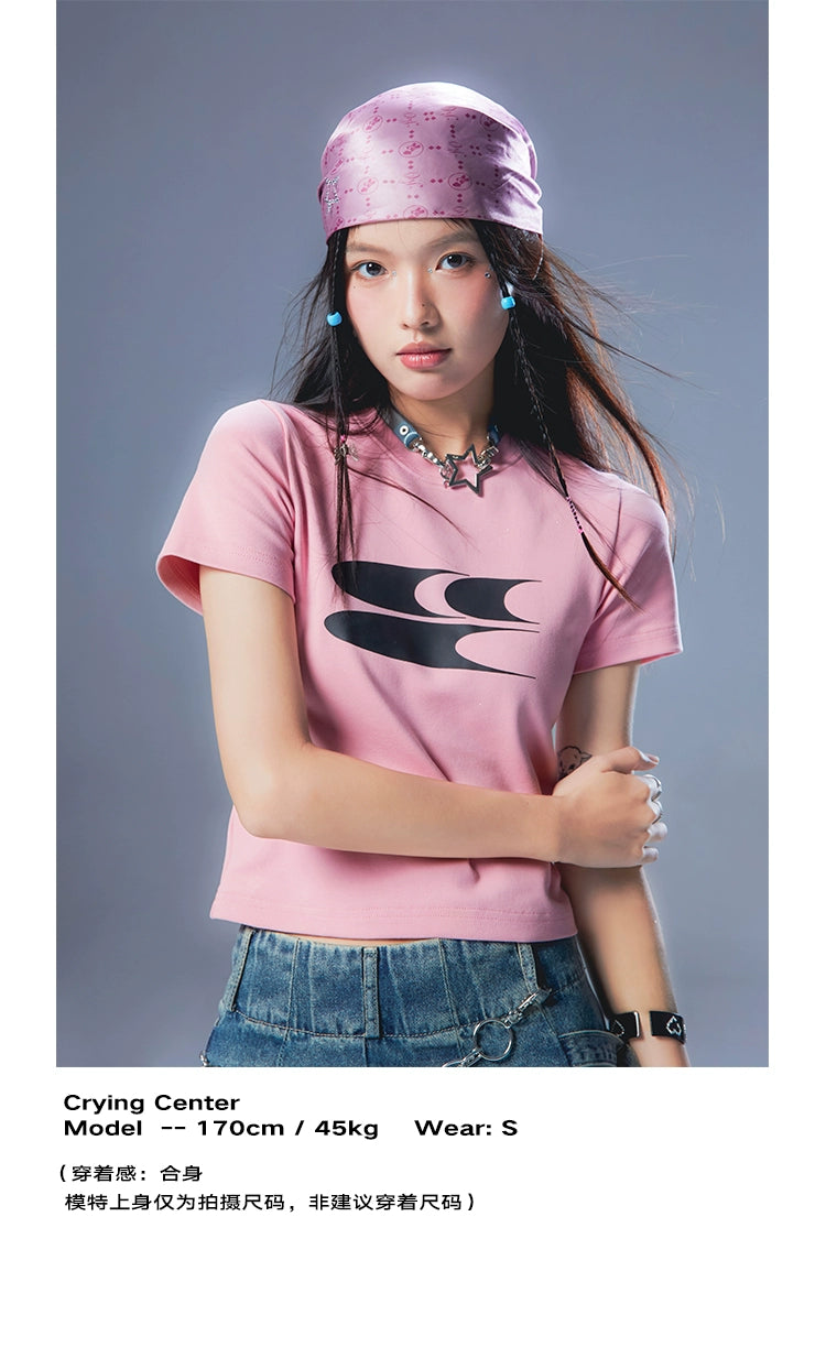 CryingCenter Y2k Millennial Babes Pink American Retro Crew Neck Slim Crop Top