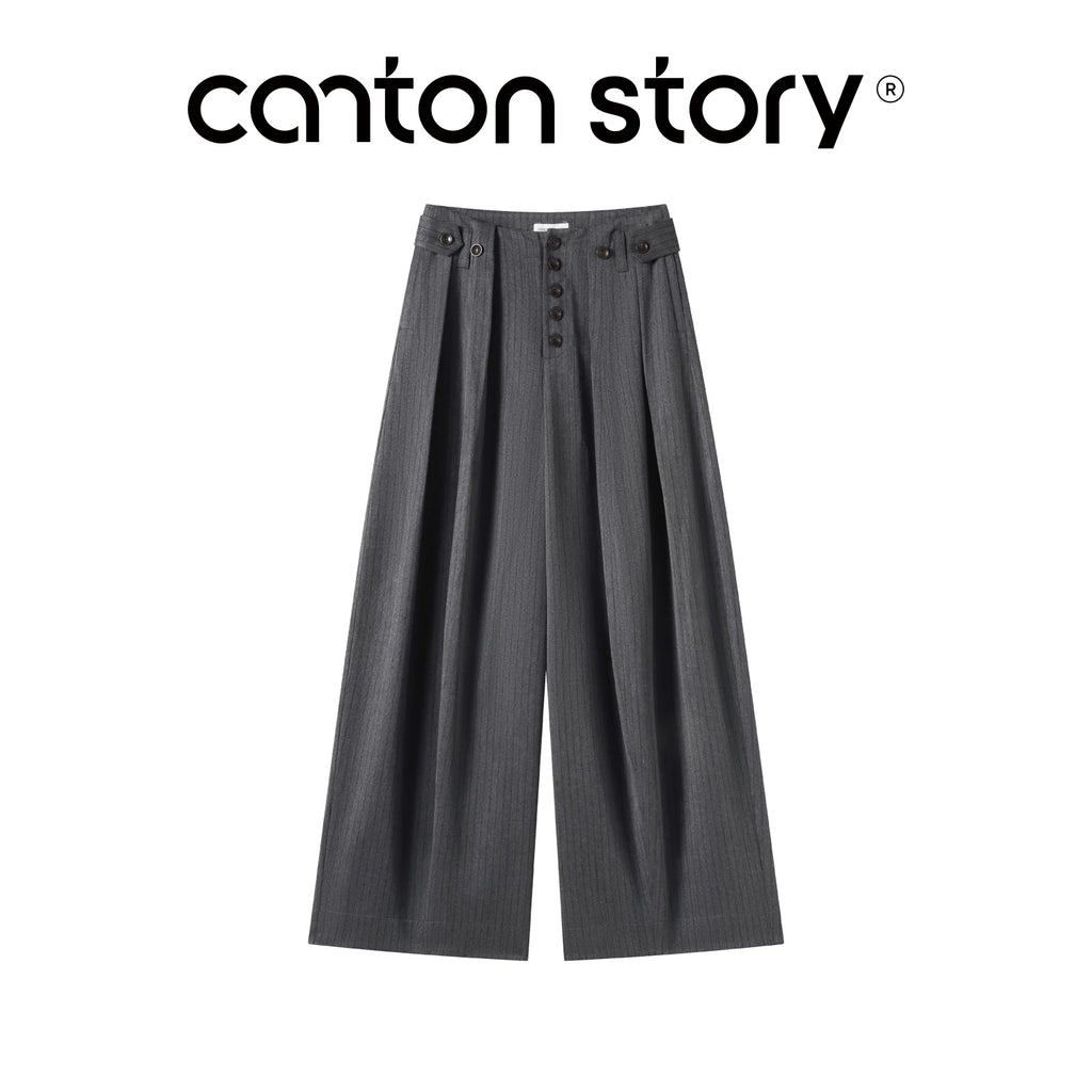 Cantonstory Grey Striped Straight-Leg Casual Trousers