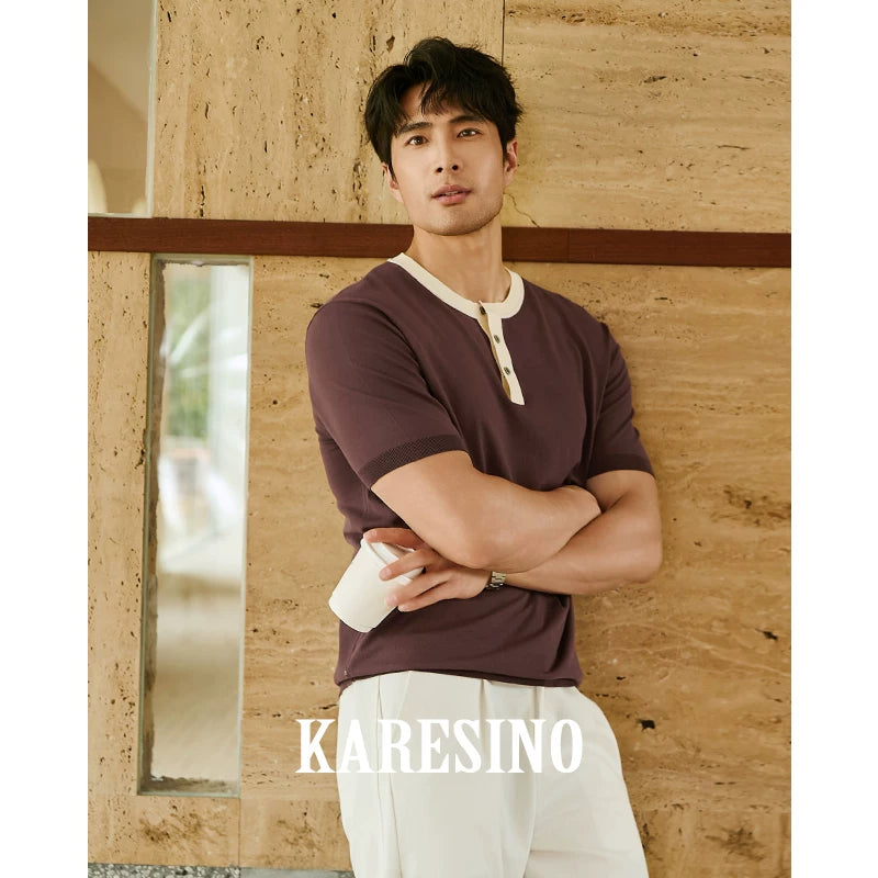 KARESINO Contrast Knit Polo Shirt Breathable Slim Fit