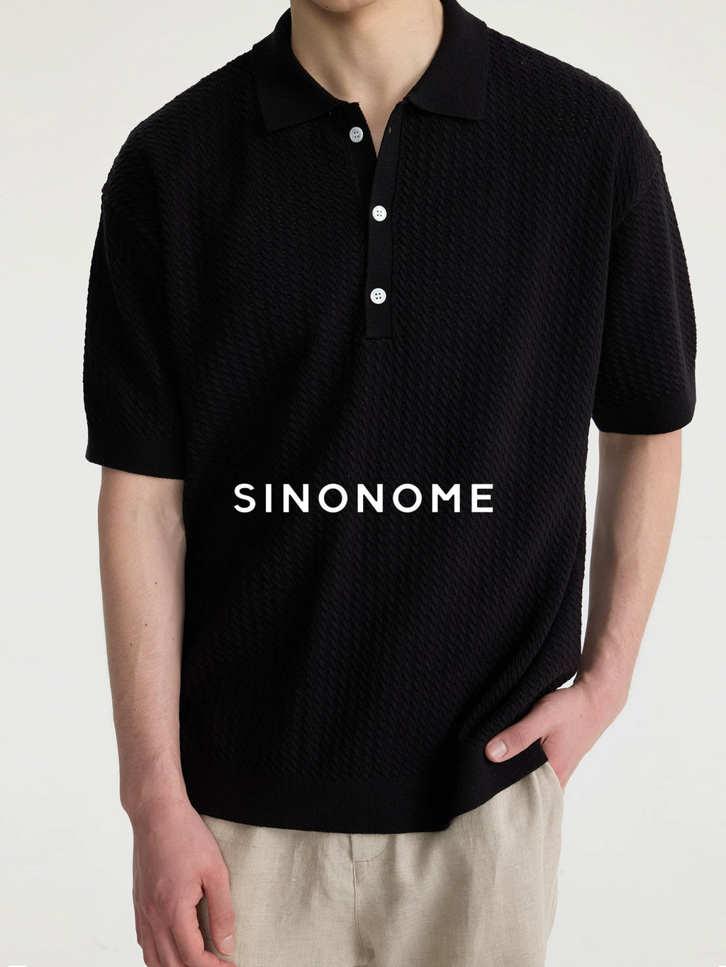 SINONOME Tencel Linen Textured Jacquard Relaxed Polo Tee