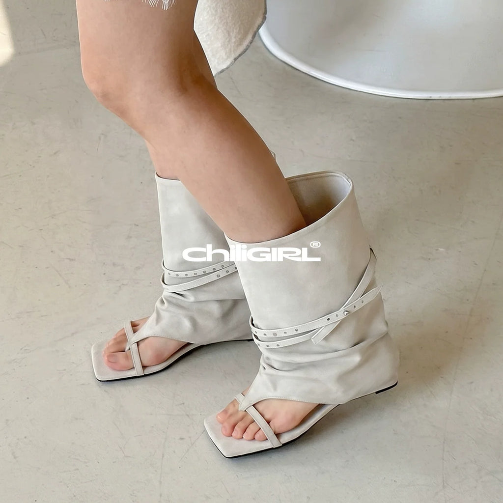 CHILIGIRL PU Buckle Square-Toe Mid-Heel Boot