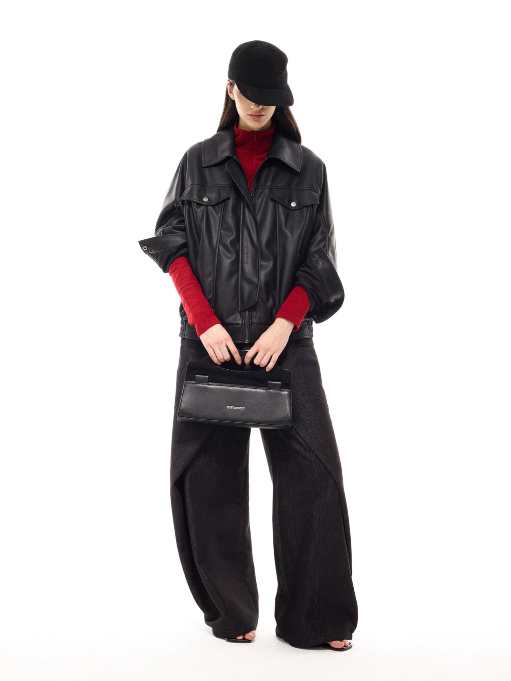 COSTUSTOOT Black Faux Leather Magnetic Snap Top-Handle Bag
