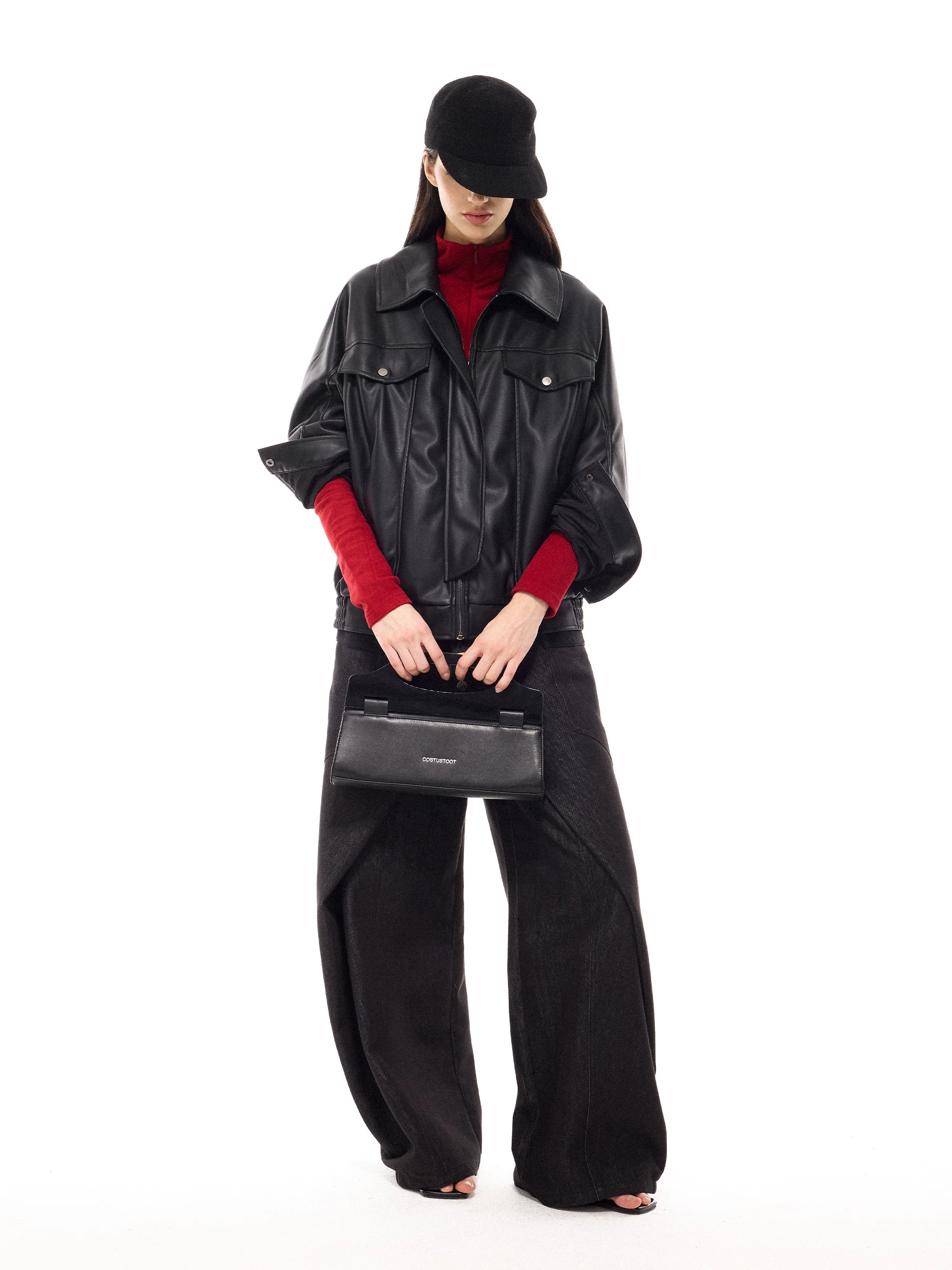 COSTUSTOOT Black Faux Leather Magnetic Snap Top-Handle Bag