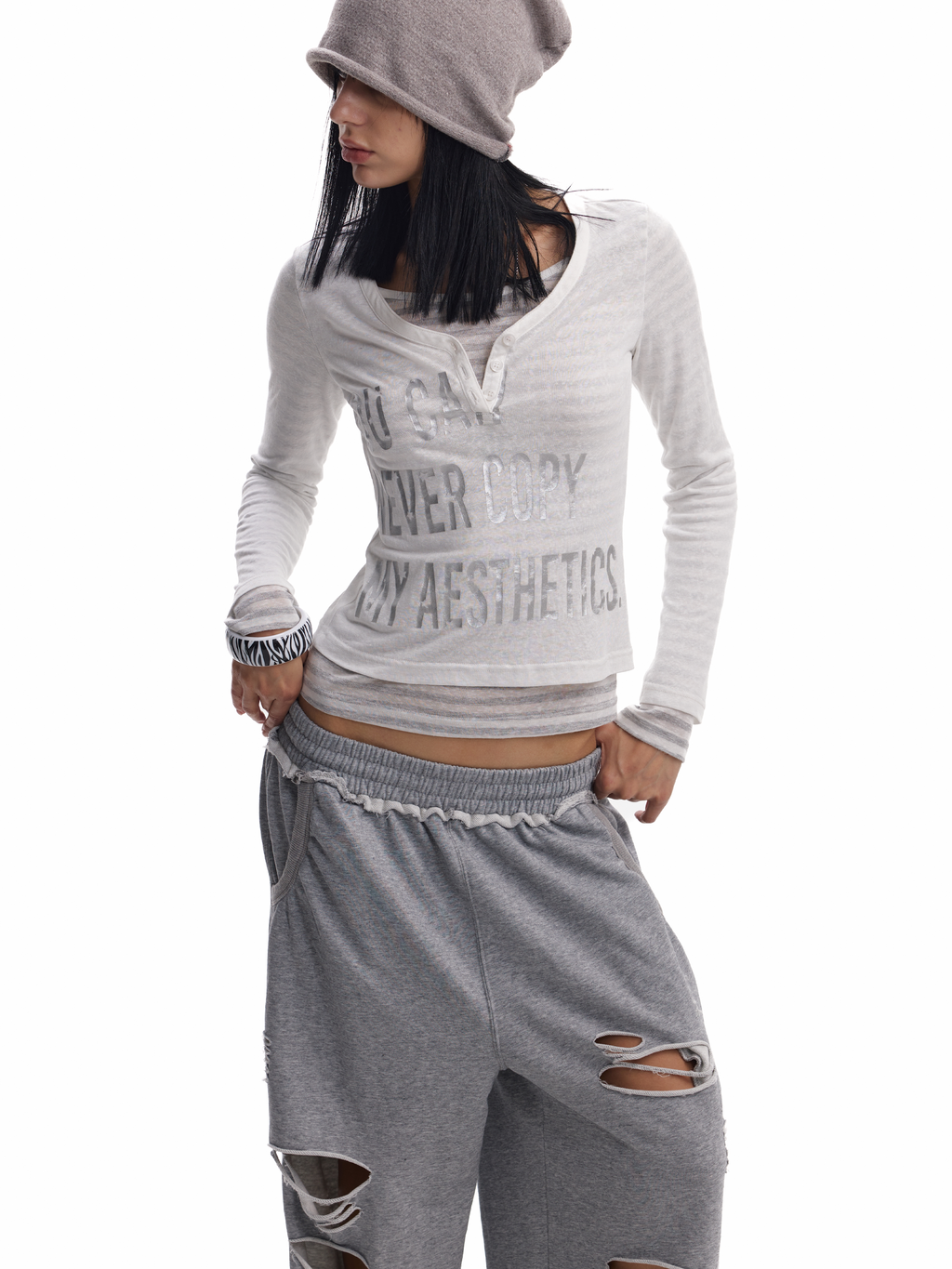 no E mosen Silver Foil Stripe 230g Breathable Slim Fit Long-Sleeve Top