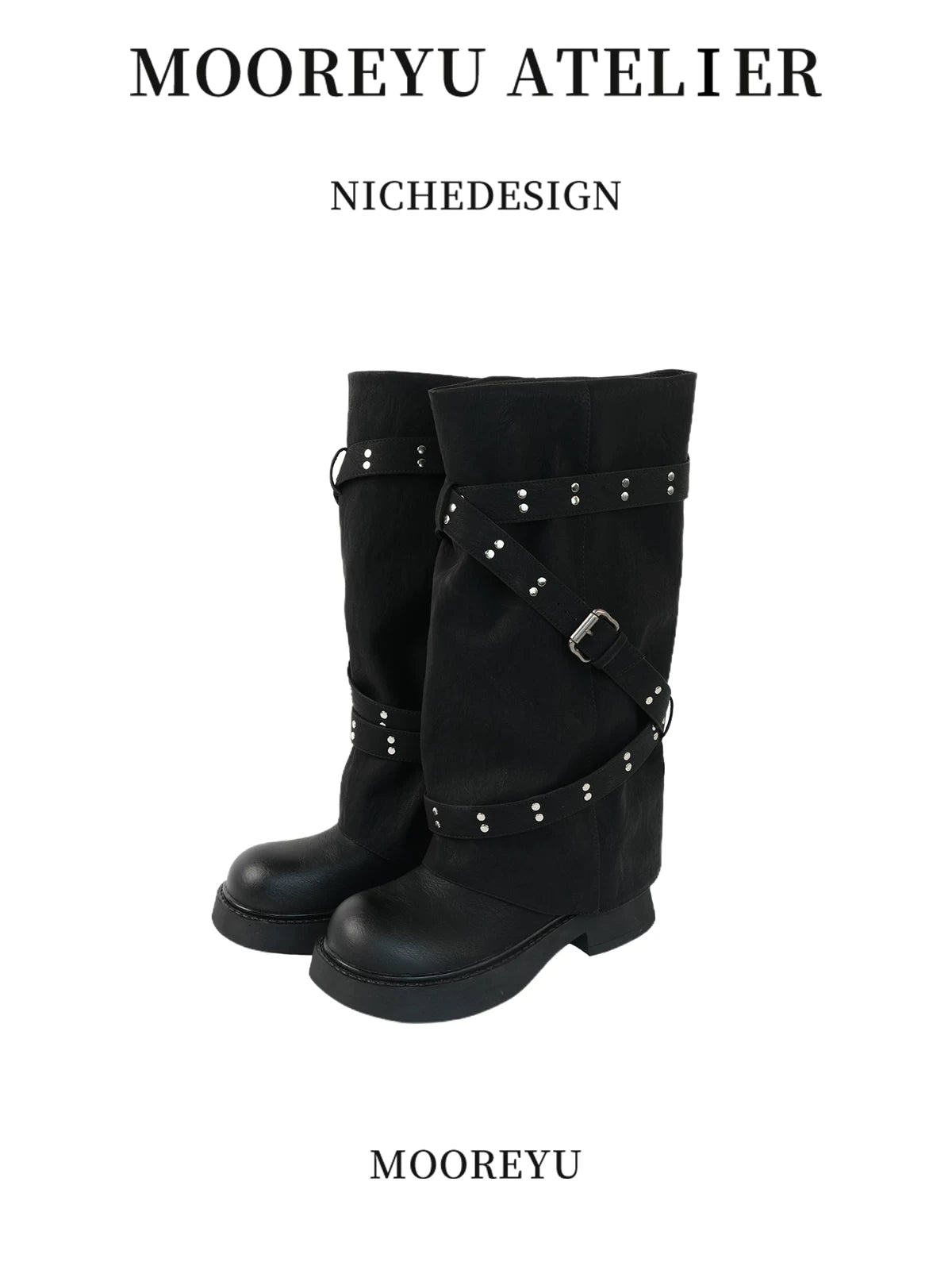 Mooreyu Black PU Round-Toe Rivet Riding Boot