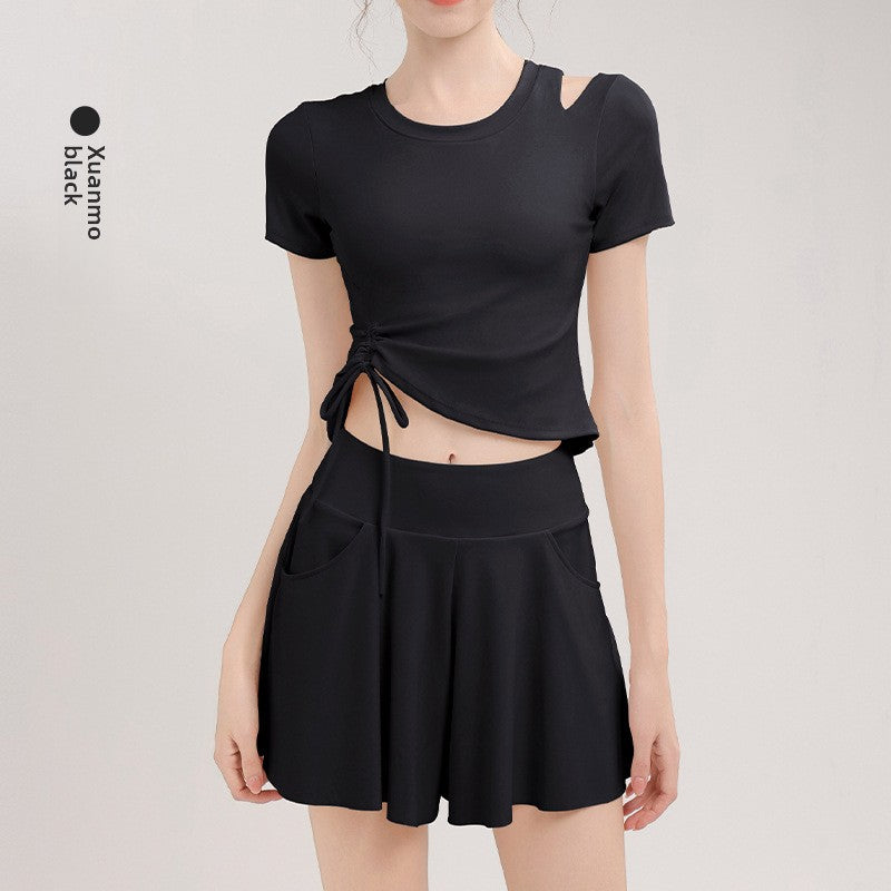 TIANQINGSE with Chest Pad Drawstring Plastic Waist Slim Quick-drying Sports Short Sleeves