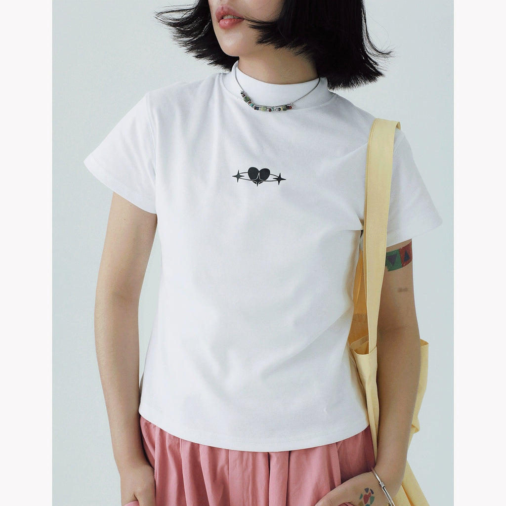 STILLYOU Retro Versatile Love Print Half Turtleneck Tee