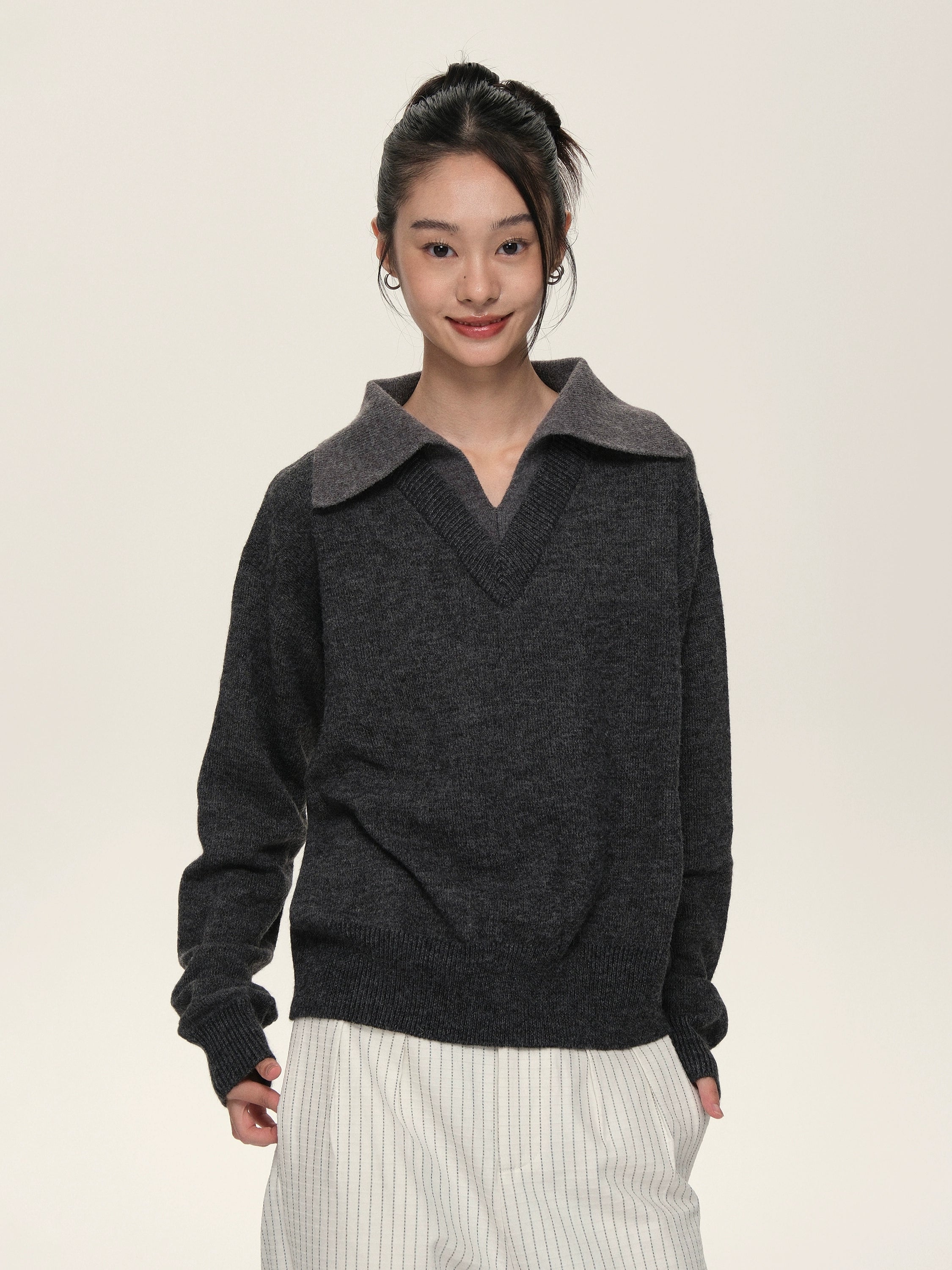 Set for Life V-neck Lapel Color Matching Thin Long-sleeved Sweater
